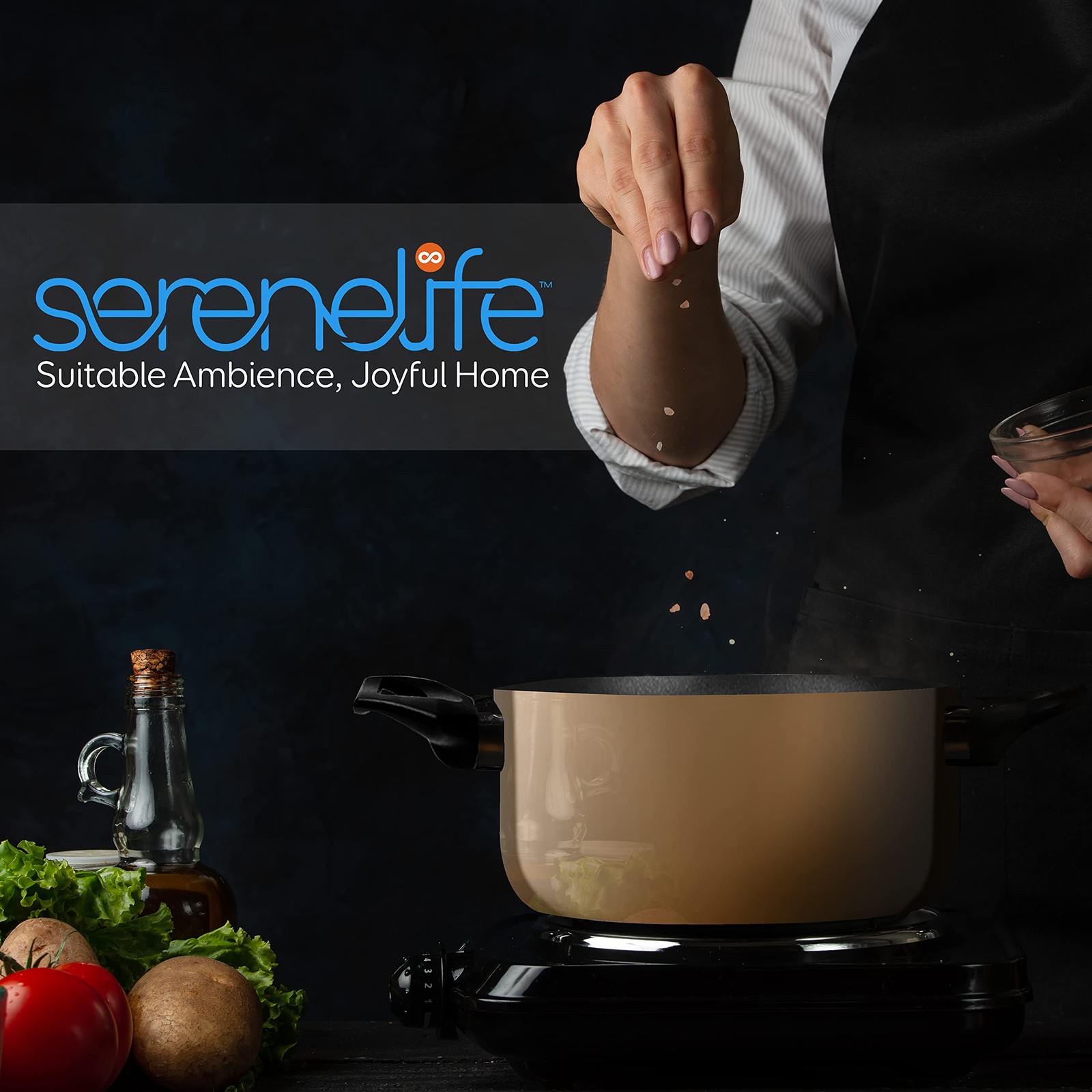 SereneLife 15-Piece Cookware Set – Pots & Pans, Gold, Black Non-Stick