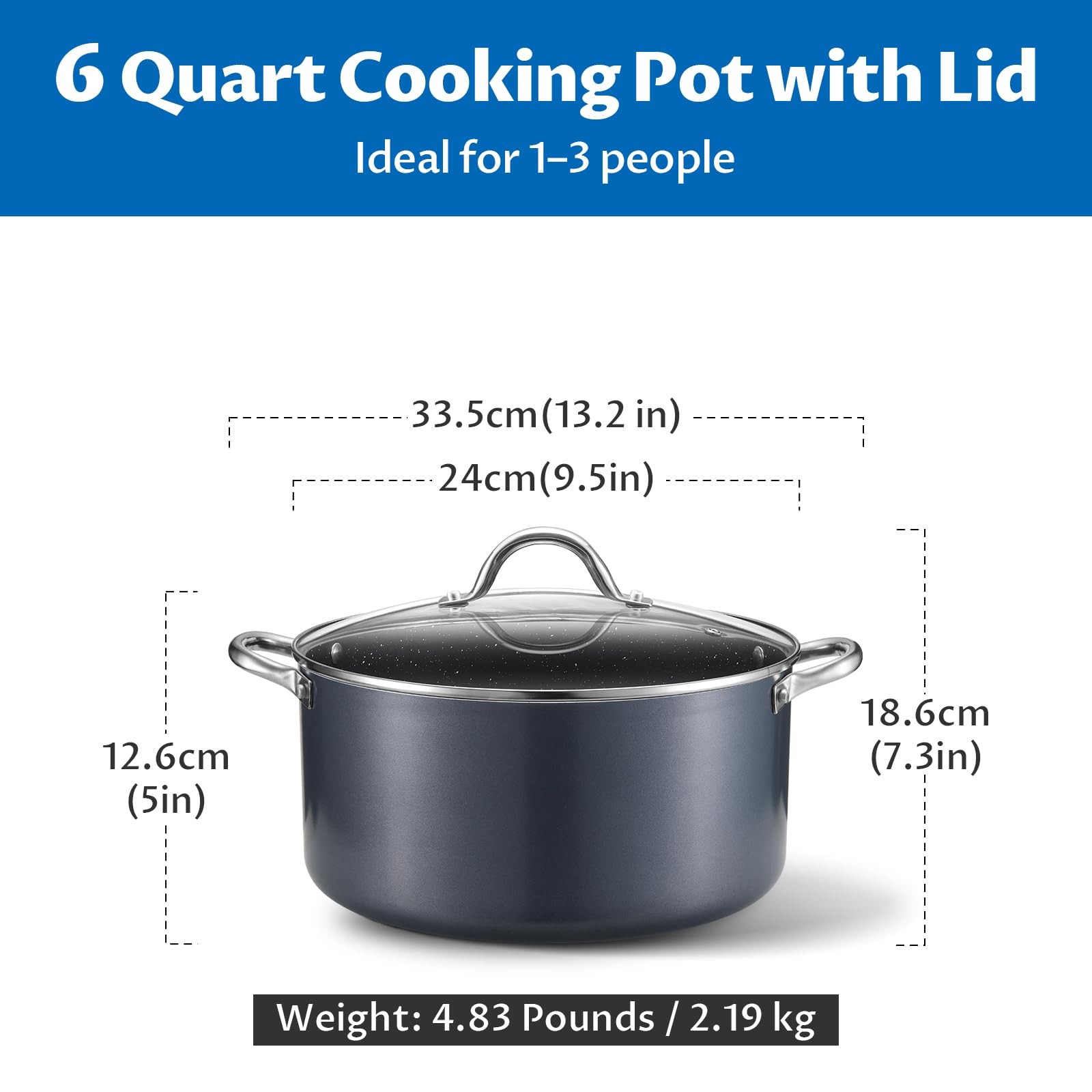 6 Quart Grey Non Stick Stock Pot, Lid, Aluminum Soup, Stew Pot, Induction