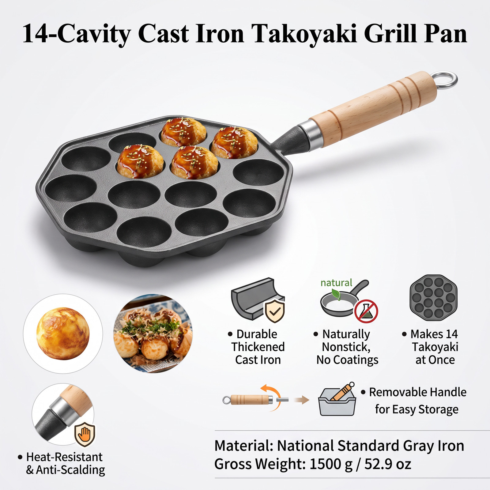 Thickened Gray Iron Takoyaki Maker 14 Holes Anti-Scald Removable Handle Grill
