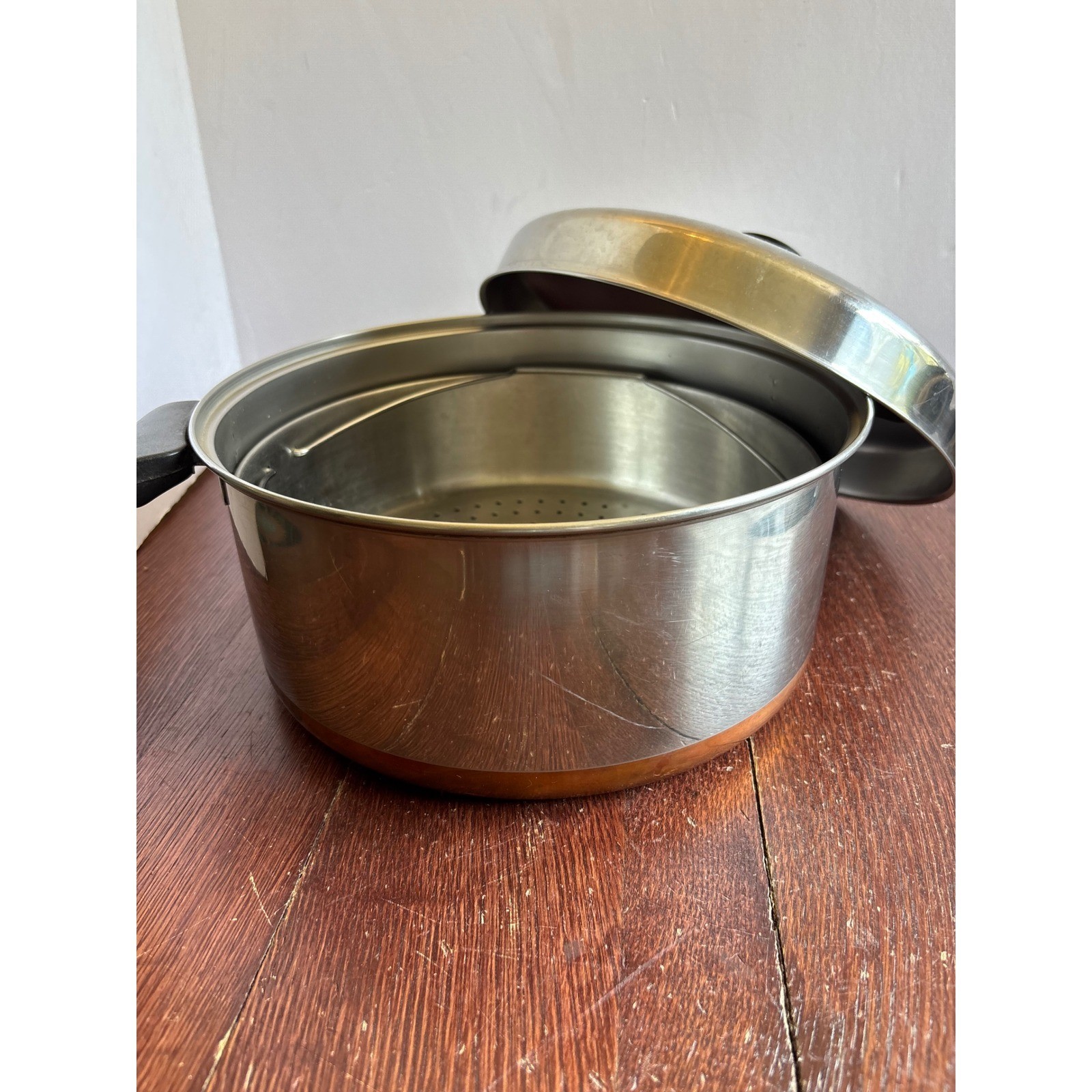 Vintage Revere Ware Copper Bottom Stock Pot Steamer Basket Lid Double Ring 9″