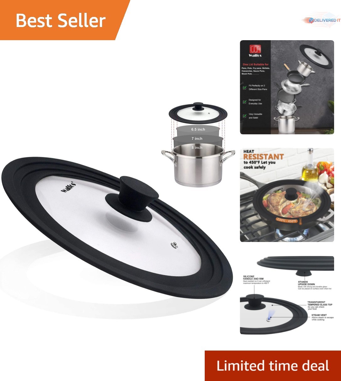 Universal Glass Lid for Pans and Skillets Fits 6.5 7 8 Inch cookware Steamed