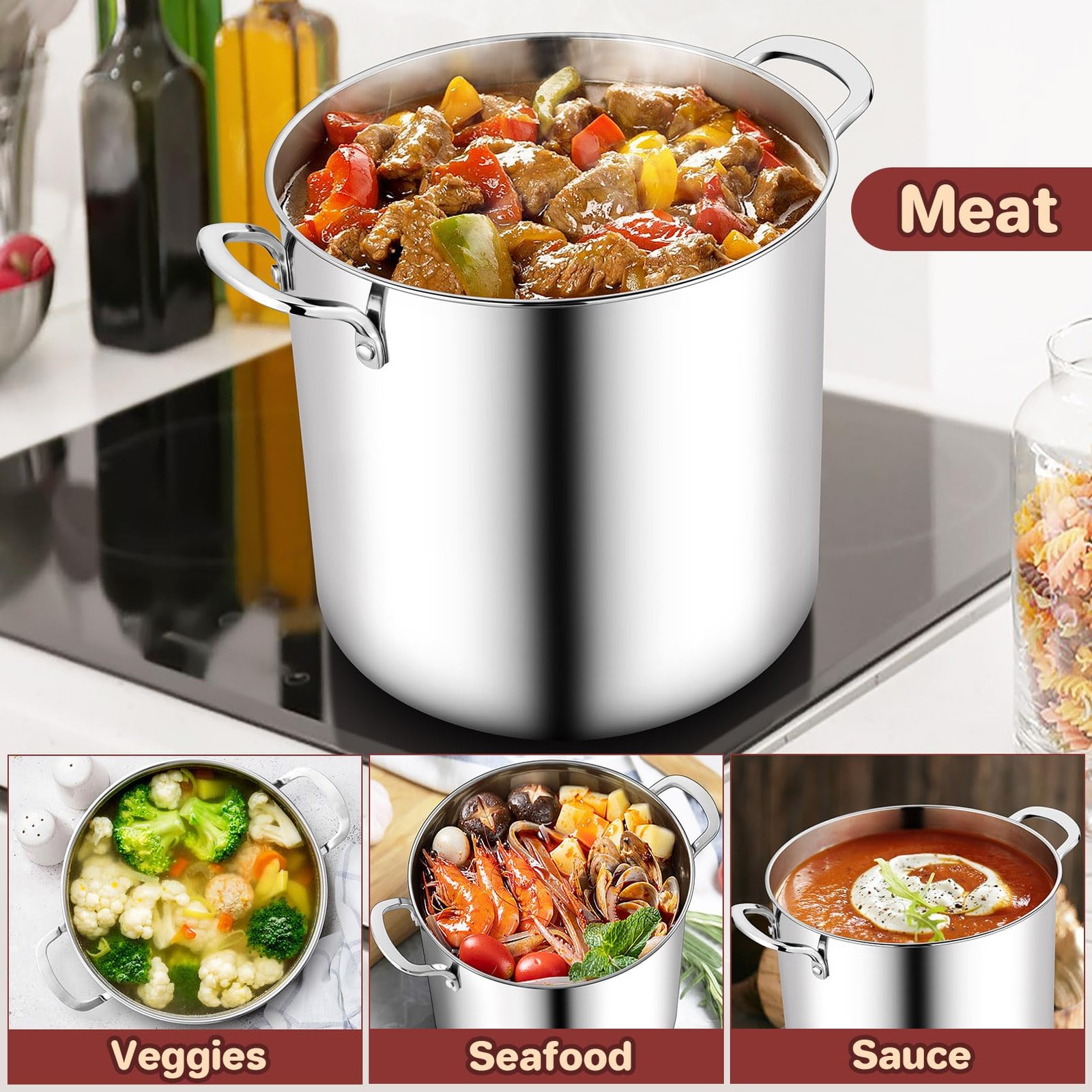 Teamfar 12 Quart Stock Pot Stainless Steel Tri-Ply Large Pasta Soup Cooking Pot