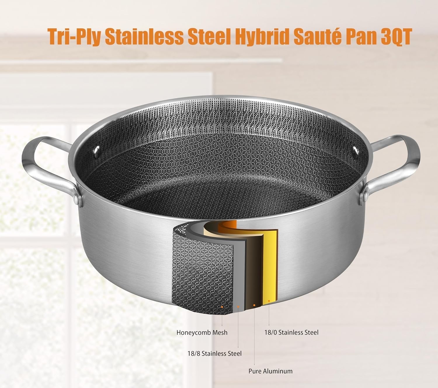 NEW 3QT Tri-Ply Stainless Steel Nonstick Saute Pan 10″ with Lid Induction Safe
