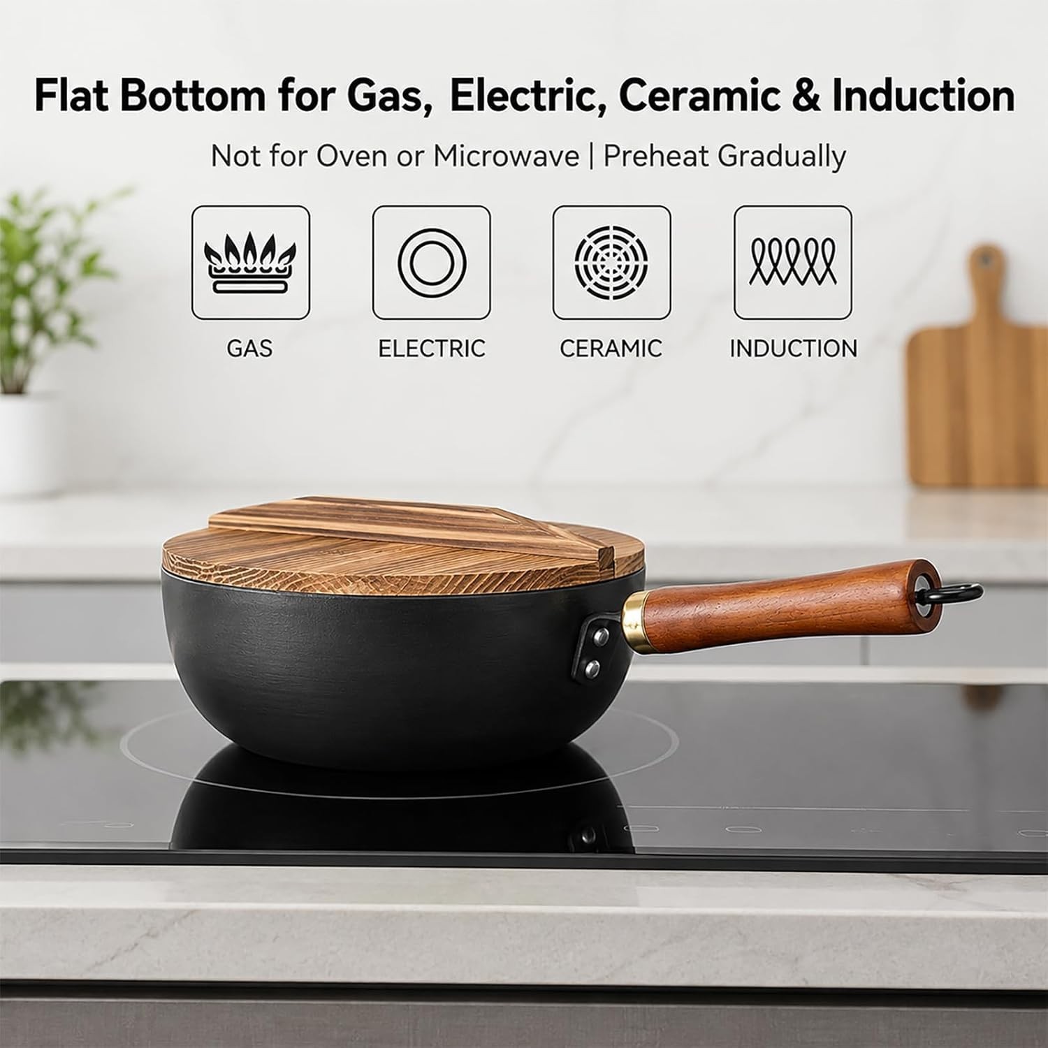8.7 Inch Carbon Steel Mini Wok with Wooden Lid & Detachable Handle, 2.2 Qt Small