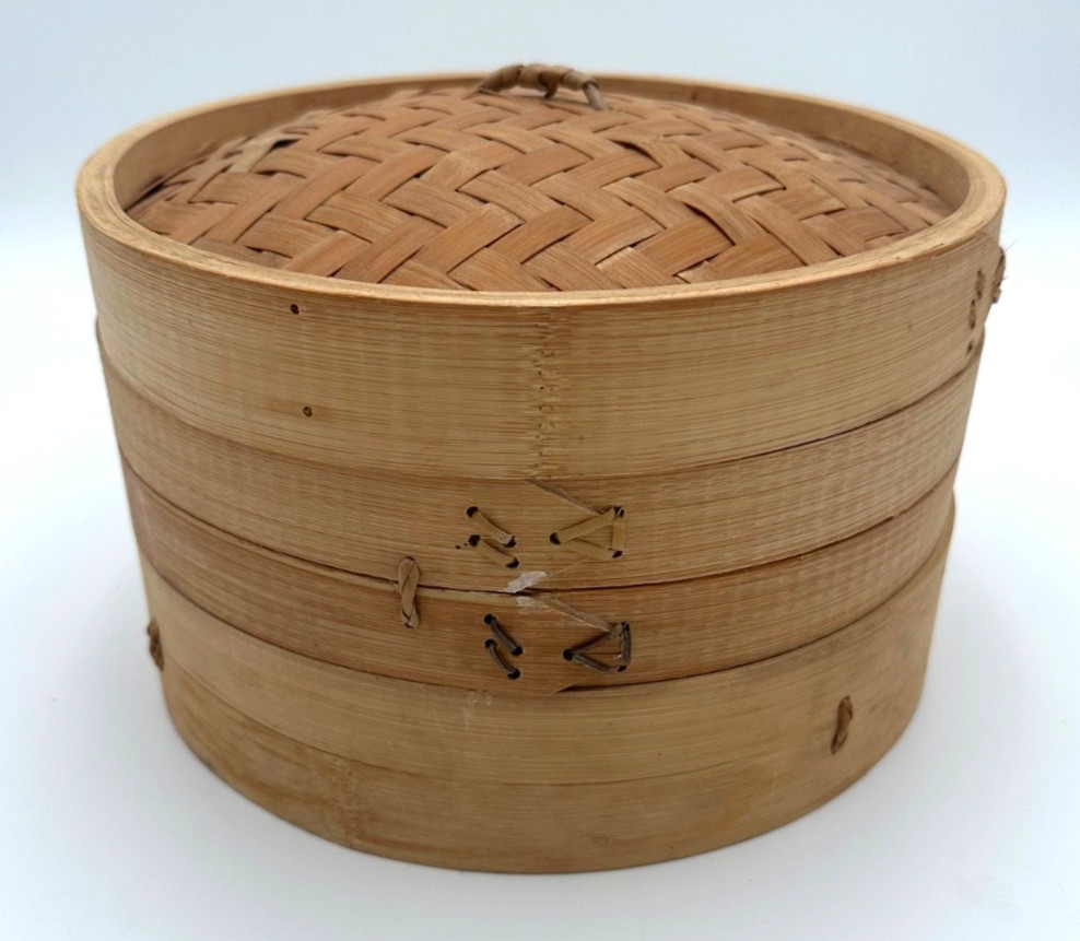 Bamboo Steamer Basket 2 Tiers 10″ Diameter – Used