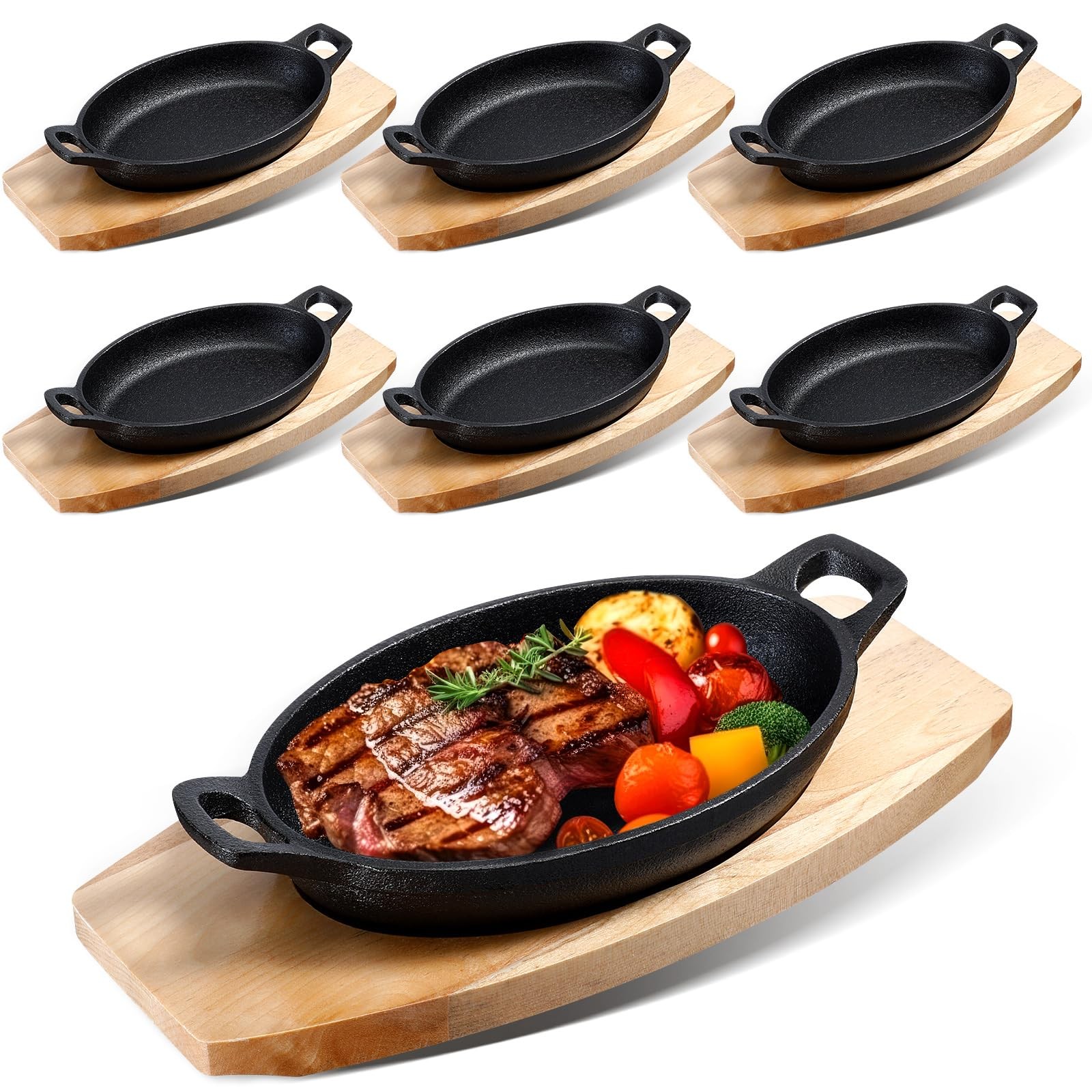Mifoci 6 Pcs Mini Cast Iron Skillet with Wooden Base Matte Black 8.5×6.1×1.7″