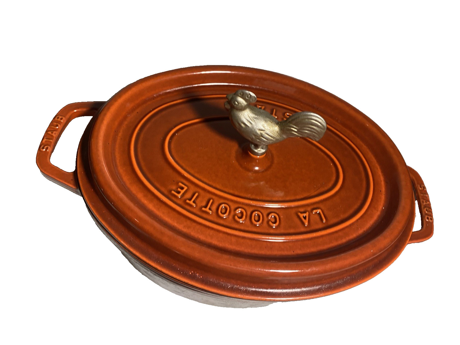 Staub 5.75 Qt Oval Coq au Vin Cocotte 12.2″ 31cm Burnt Orange Rooster Dutch Oven