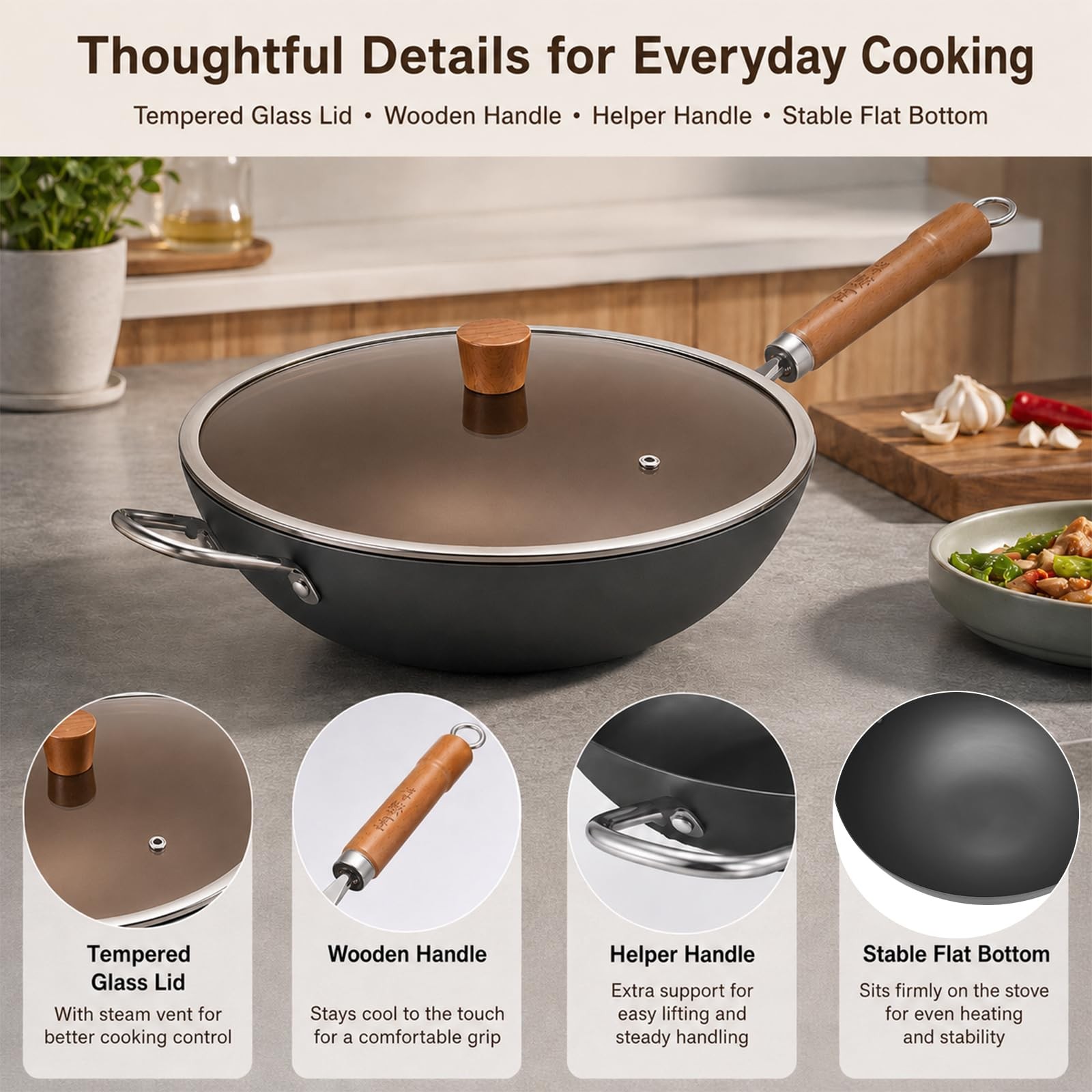Carbon Steel Wok with Lid, 12.6 Inch Flat Bottom Wok Pan, Uncoated Stir Fry P…