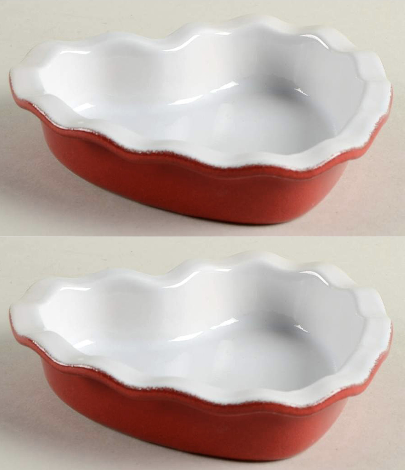 Emile Henry 5.5″ Red Cerise Heart Scalloped Ruffled Dishes S/2 Ramekins Mint