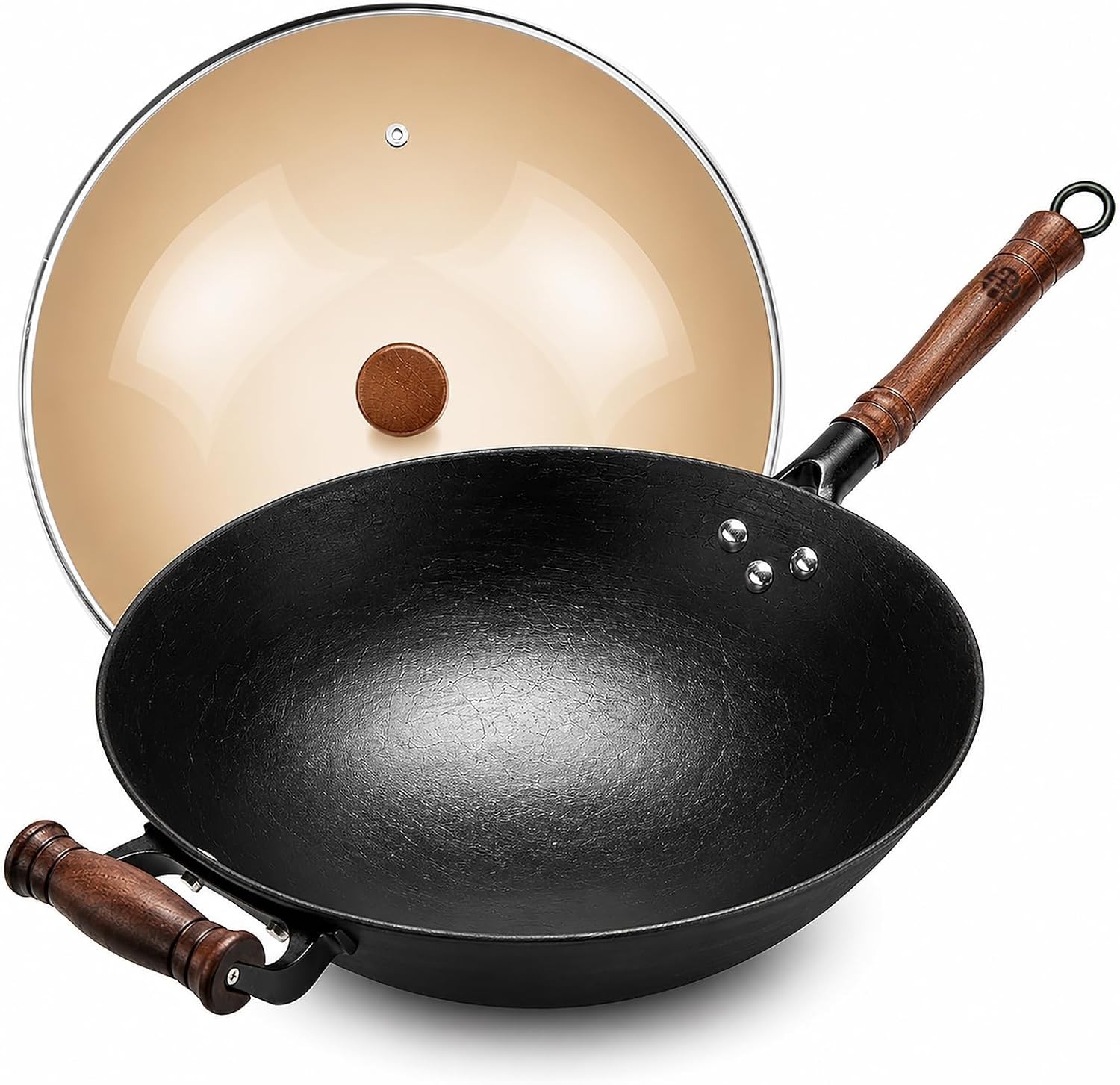 14.17” Cast Iron Wok with Glass Lid – Tradital Round Bottom
