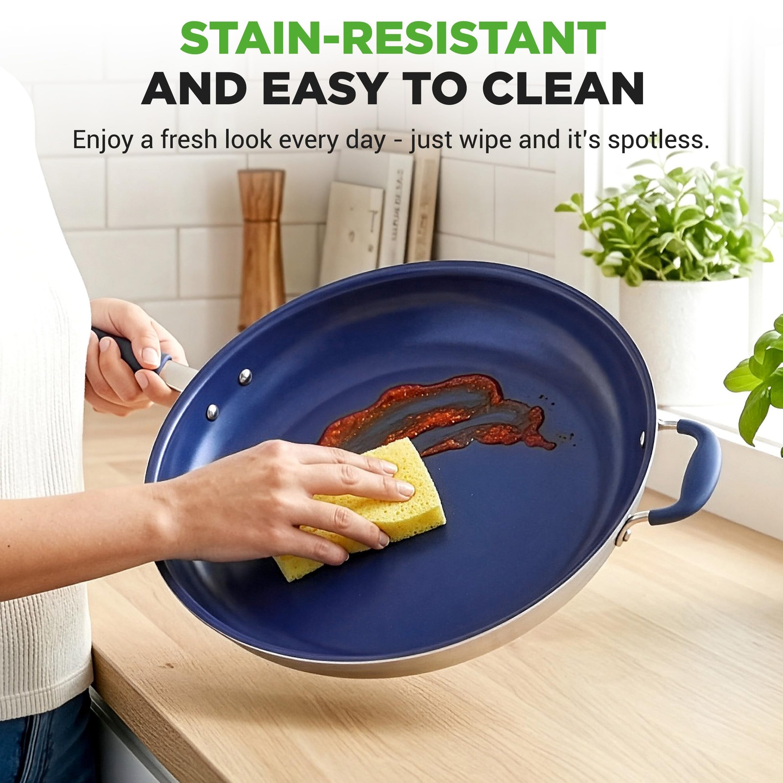 NutriChef 14″ Fry Pan With Lid – Extra 14″, Silver exterior/Blue interior