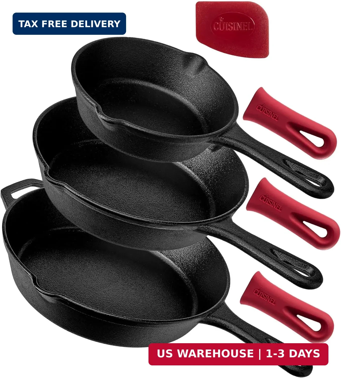 Cuisinel Cast Iron Skillets Set – 3-Piece: 6″ + 8″ + 10″-Inch Chef Frying Pans –