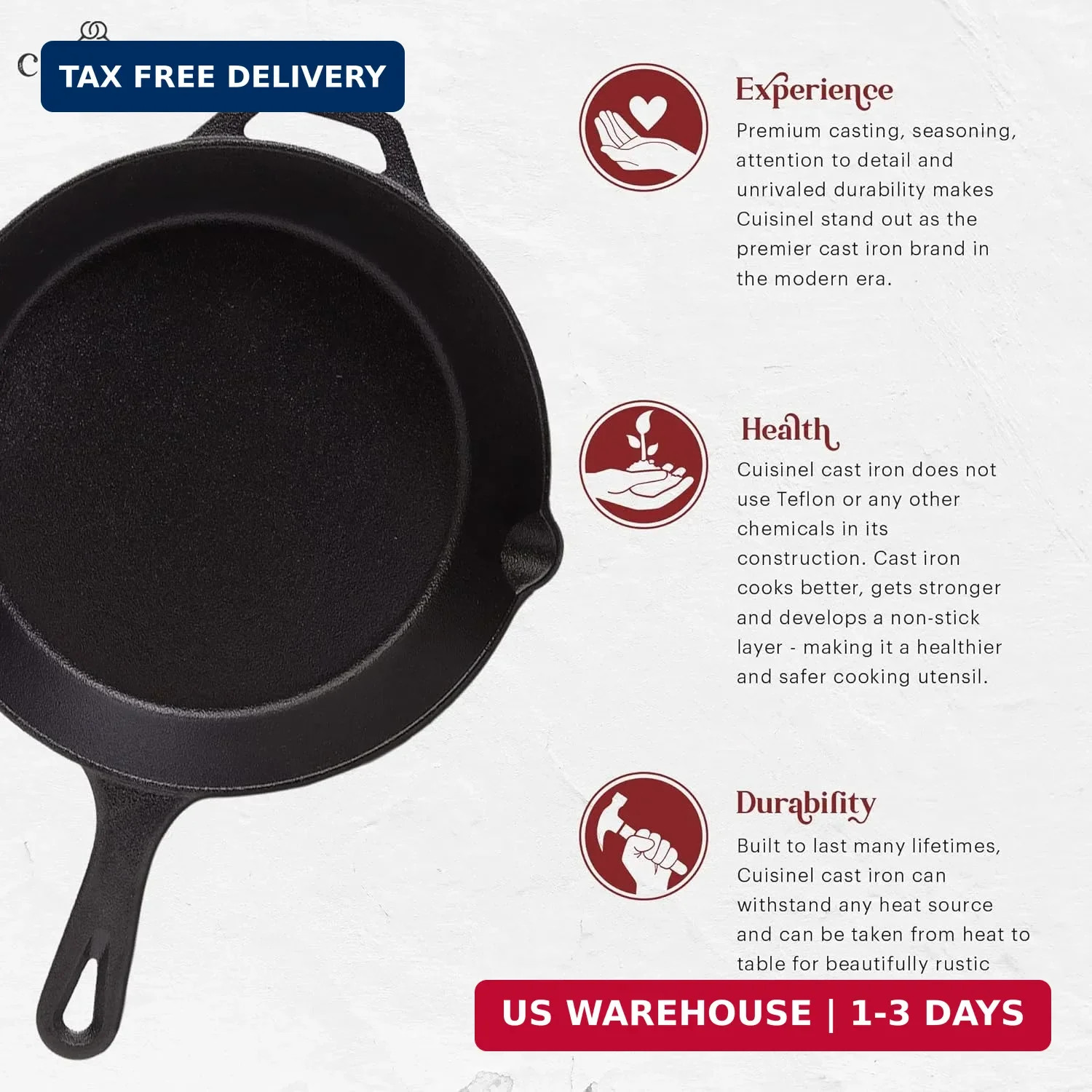 Cuisinel Cast Iron Skillets Set – 3-Piece: 6″ + 8″ + 10″-Inch Chef Frying Pans –