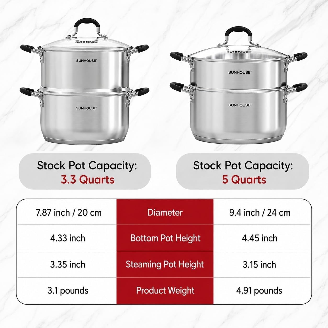SUNHOUSE Stainless Steel Steamer Pot 5 QT 2 Tier for Vegetables