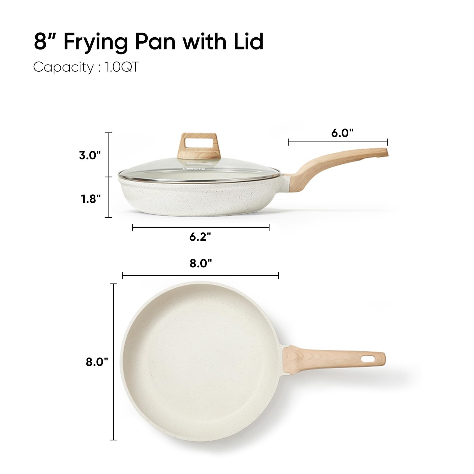 CAROTE 8 Inch Non Stick Frying Pan with Lid,White 8″ frying pan w/lid, White