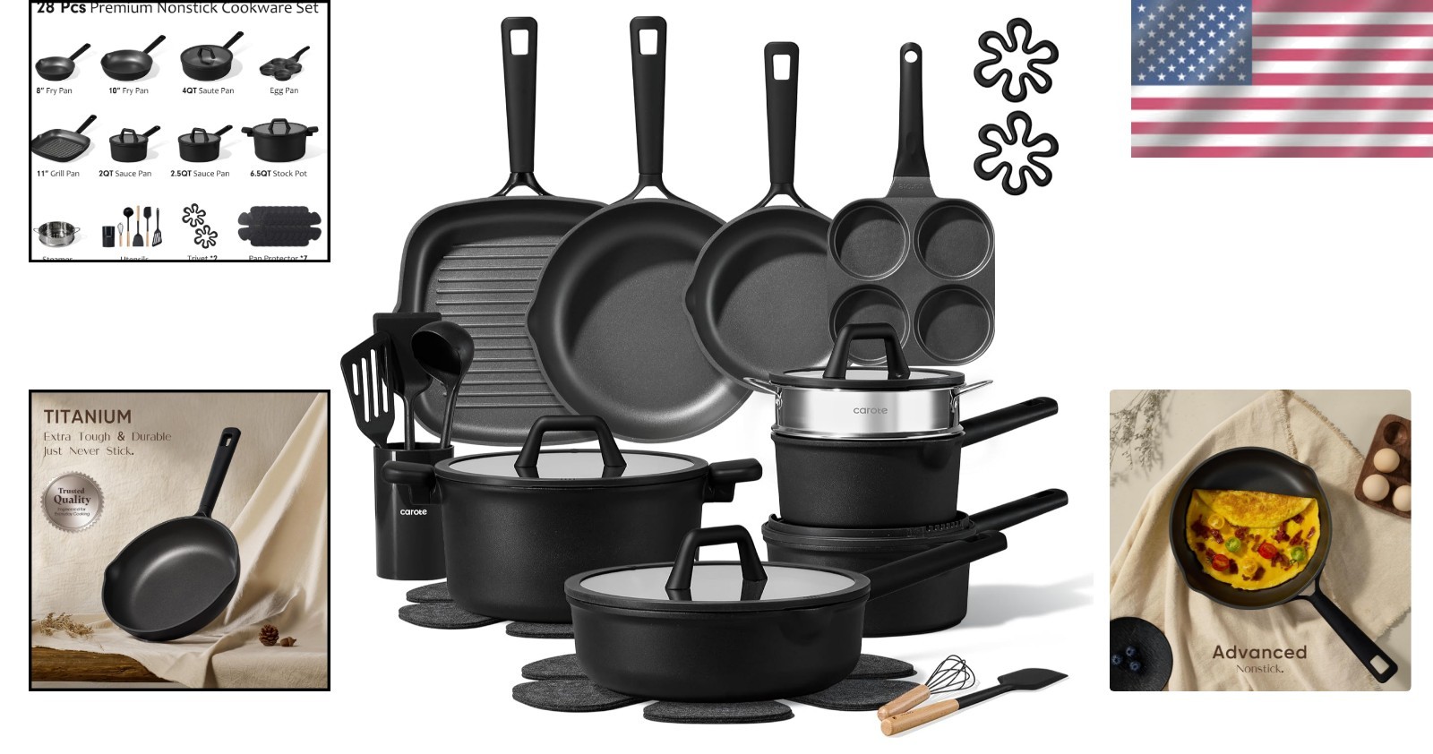 Cookware Set Nonstick Pots and Pans Kitchen Induction Granite 28pcs