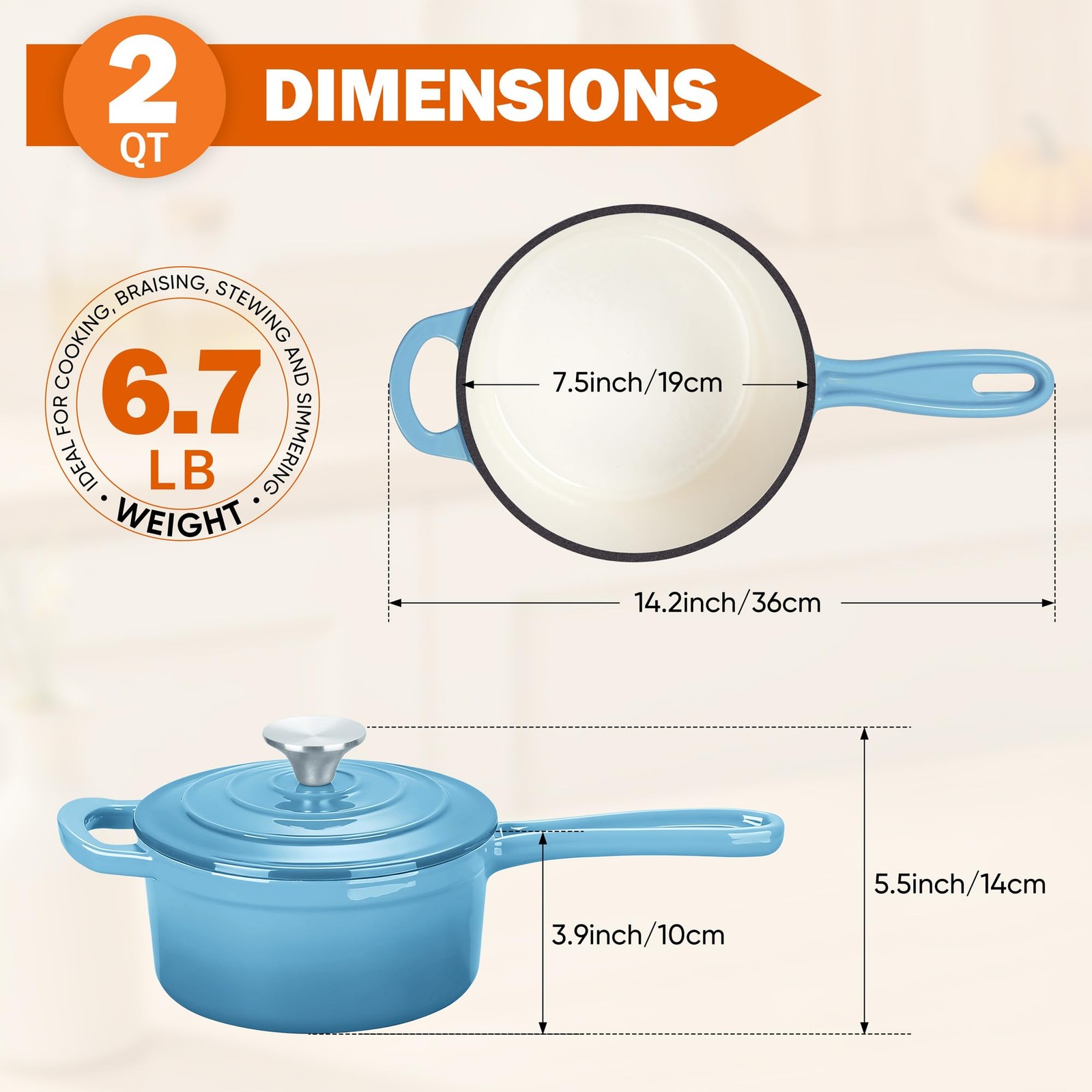 Small 2 QT Enameled Cast Iron Sauce Pan With Lid Dutch Oven Sky Blue Cookware