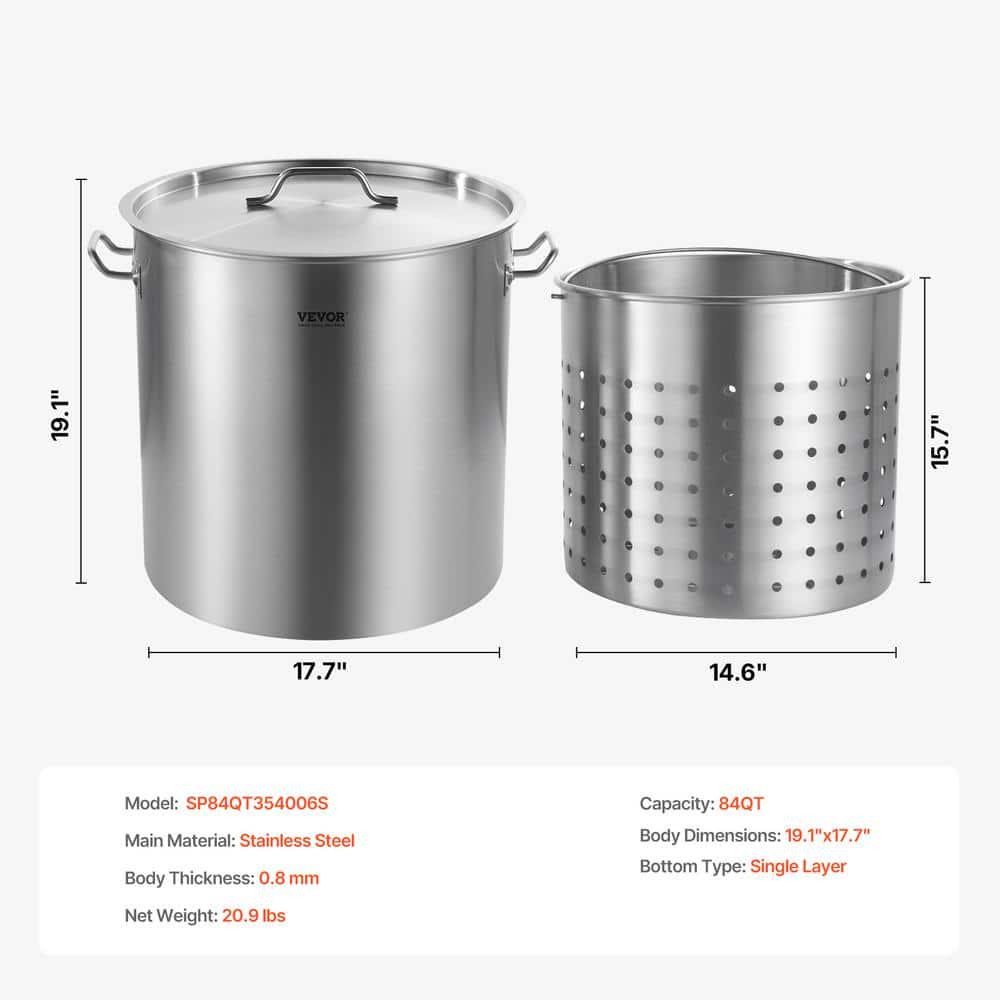 VEVOR Commercial Stockpot 84 Qt. Stainless Steel Silver Heavy Duty Lid Basket