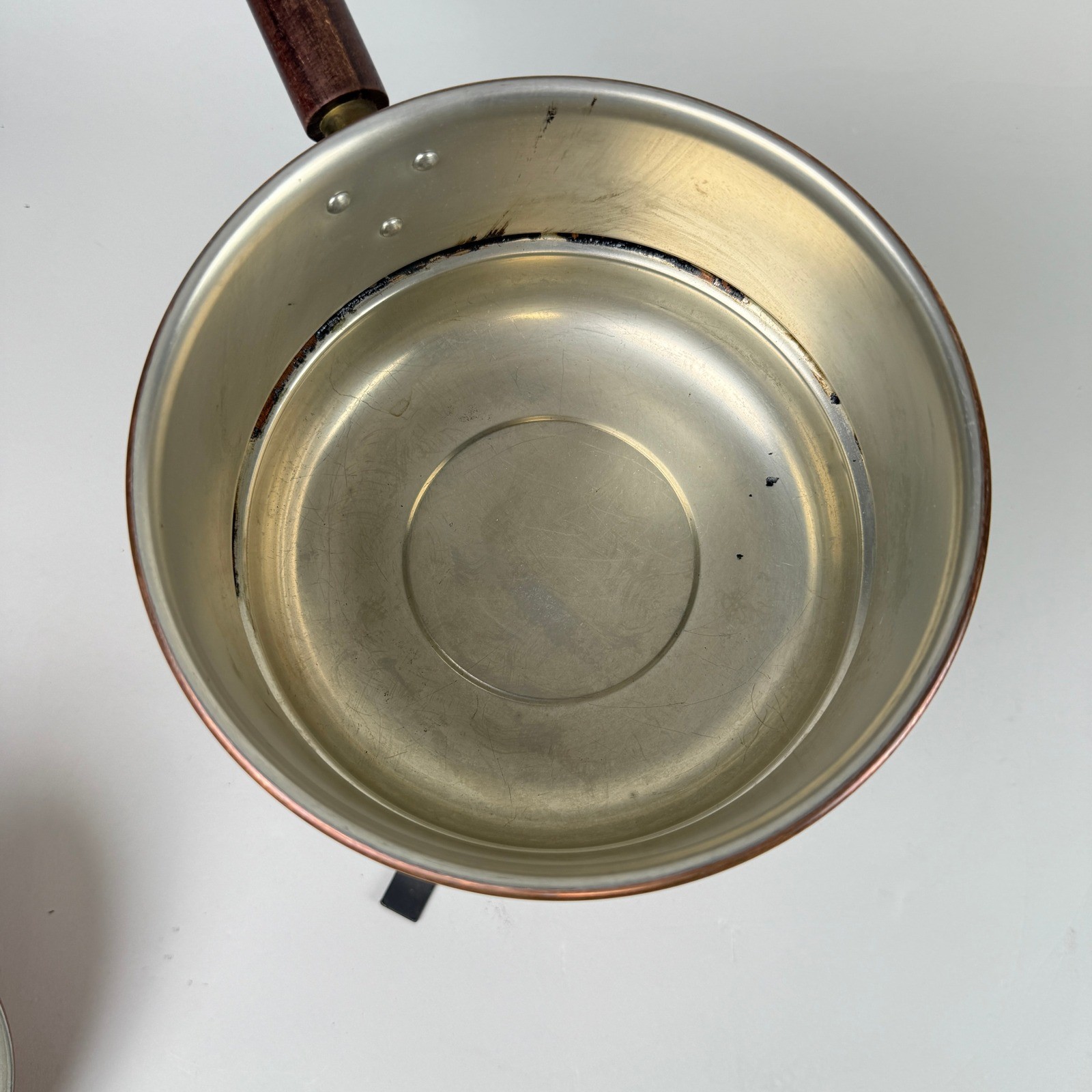 Vintage Copper Double Boiler Pot with Wood Handle and Stand Fondue Set