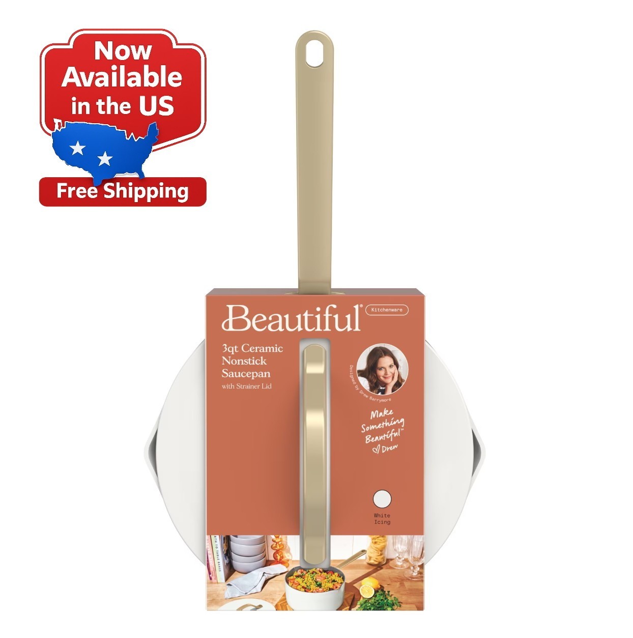 Beautiful 3 Quart Ceramic Non-Stick Covered Sauce Pan with Strainer Lid, White