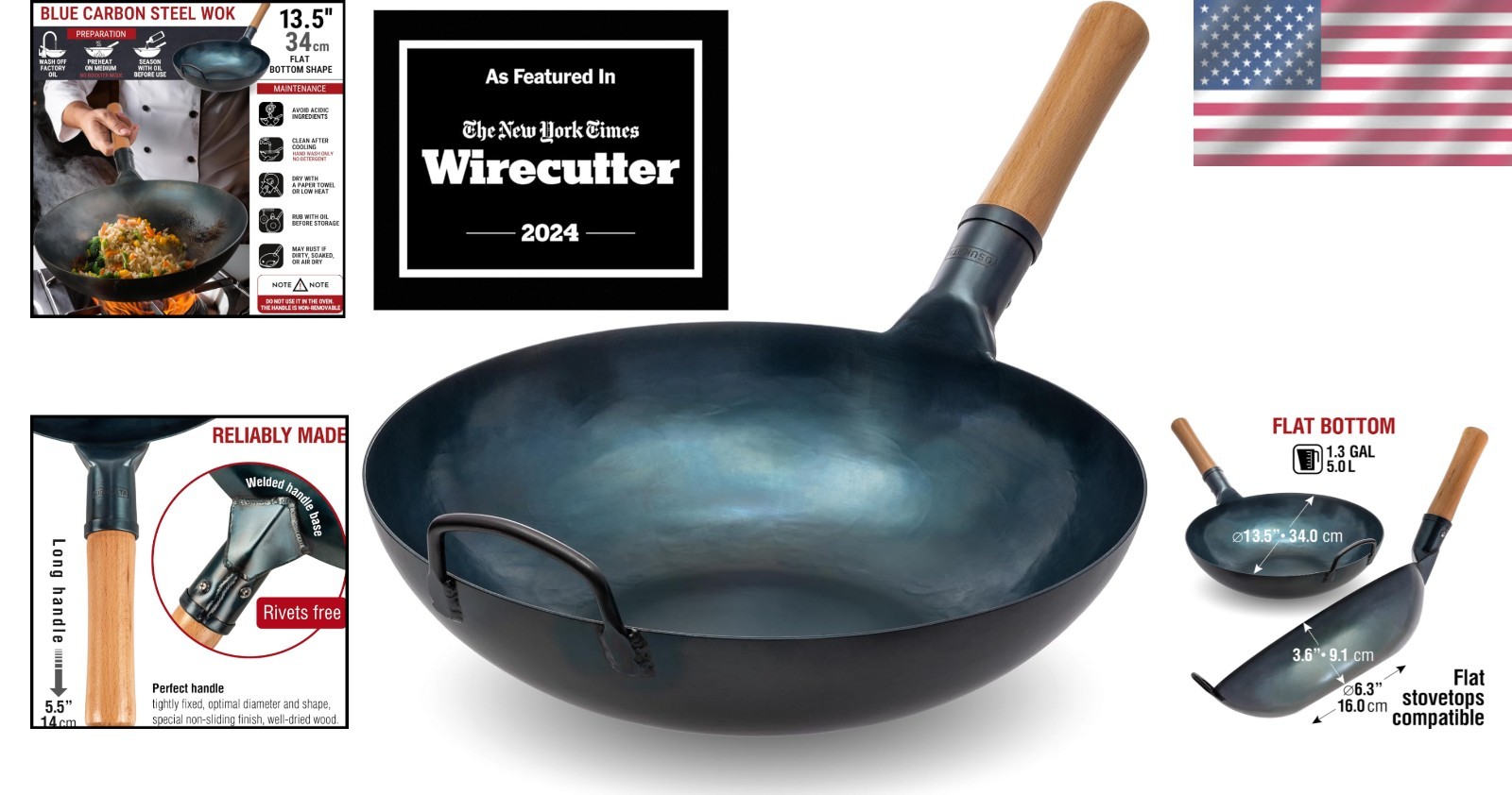 Traditional 13.5” Blue Carbon Steel Wok – Perfect for Indoor & Outdoor Cooking