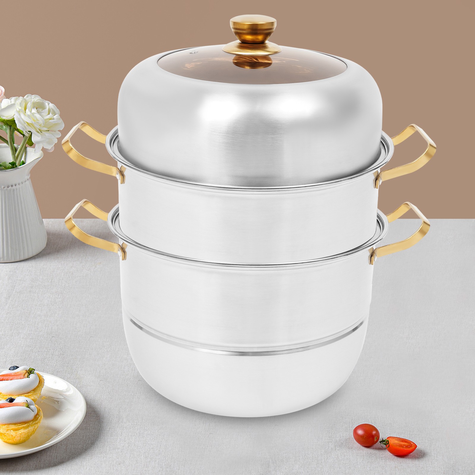Steam Cooker, Stainless Steel Steam Cooker, 3-tier Steam Cooker Silver+Gold