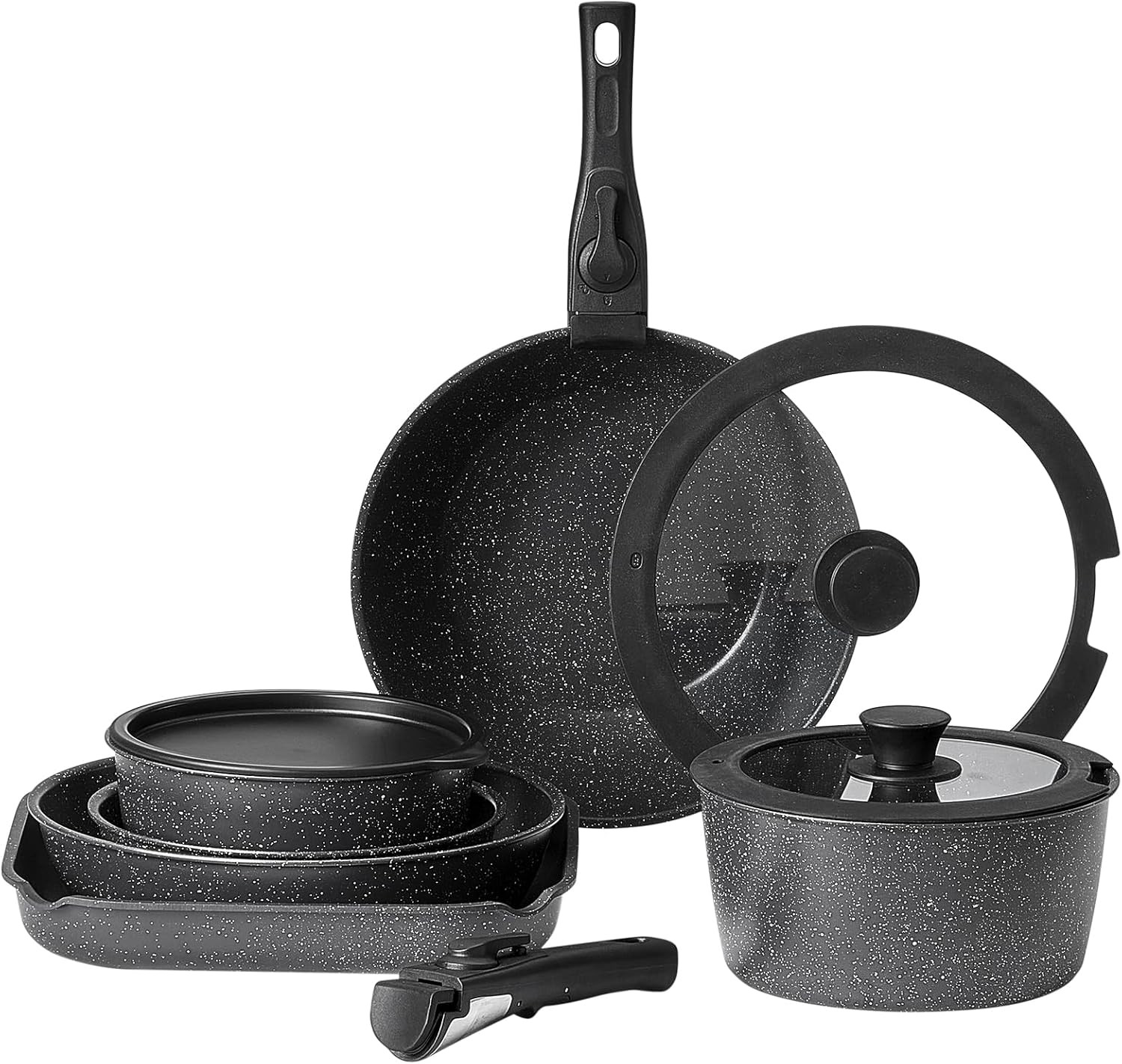 17 Piece Pots and Pans Set, Granite Nonstick Detachable Handle Cookware, Spac…