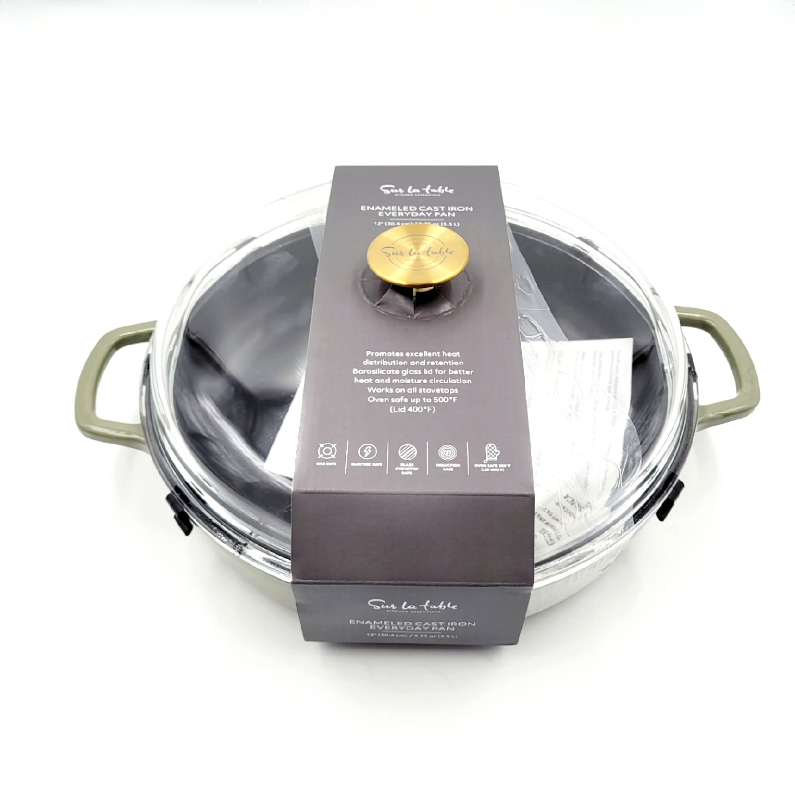 Sur La Table Enameled Cast Iron Dutch Oven Braiser 3.75qt. Glass Lid Army Green