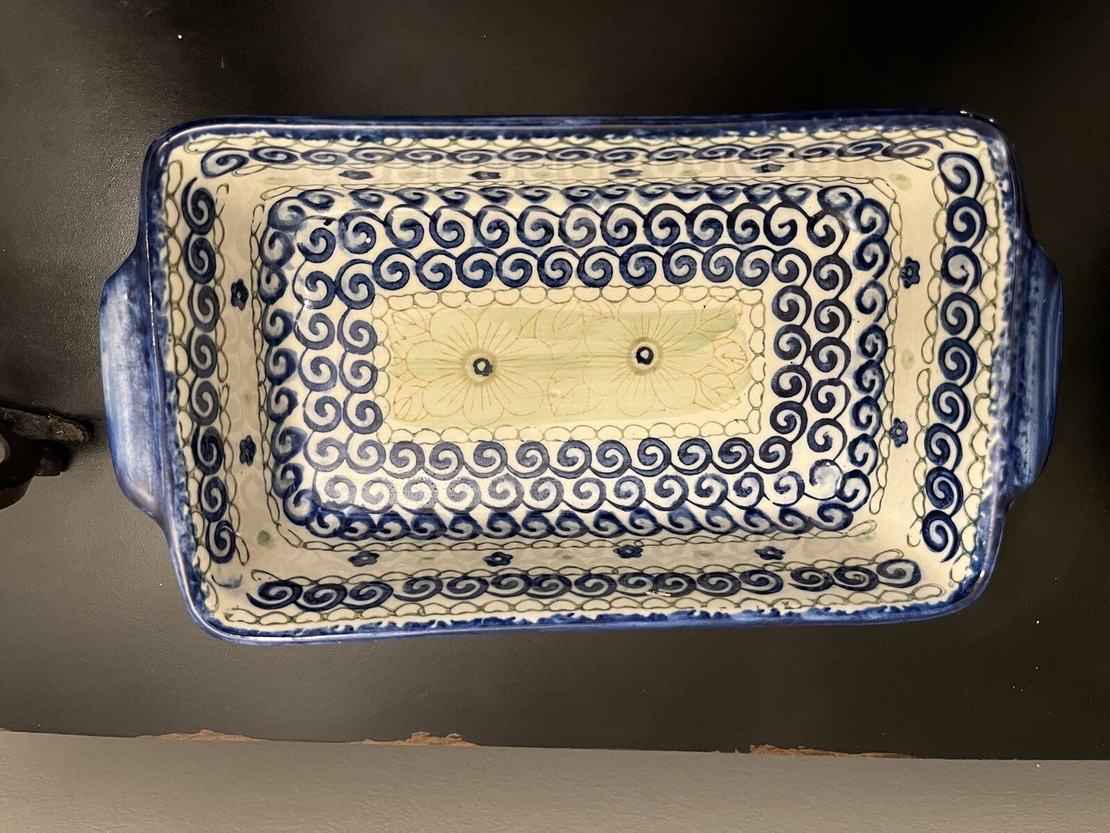 Nantucket 5”X8” Hand Painted Stoneware Baking Dish. Blue Swirls, Dots & Flowers