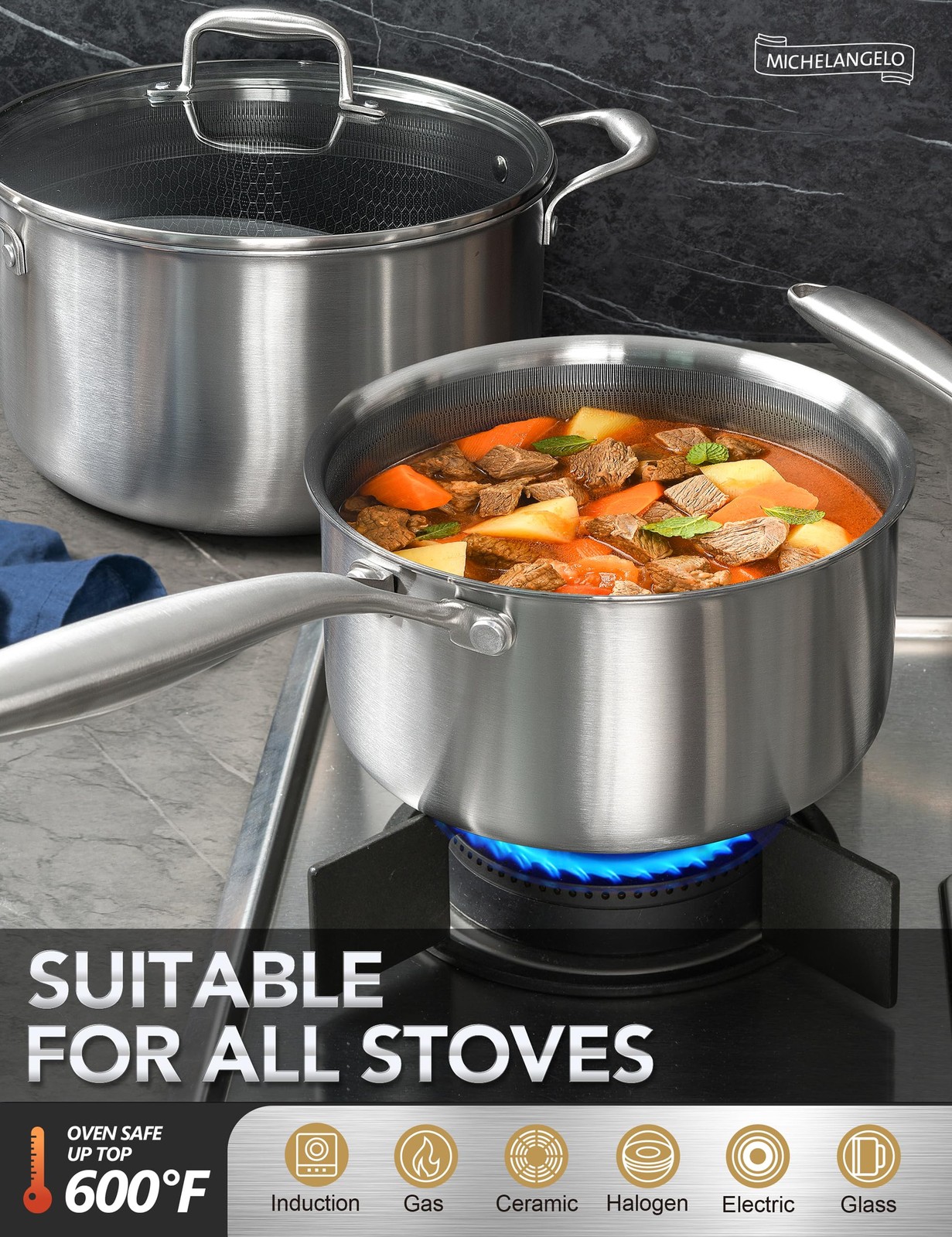 6 Pcs Tri-ply Stainless Steel Pot Set, 2QT & 3QT & 8QT Pot with Lids, Nonstic…