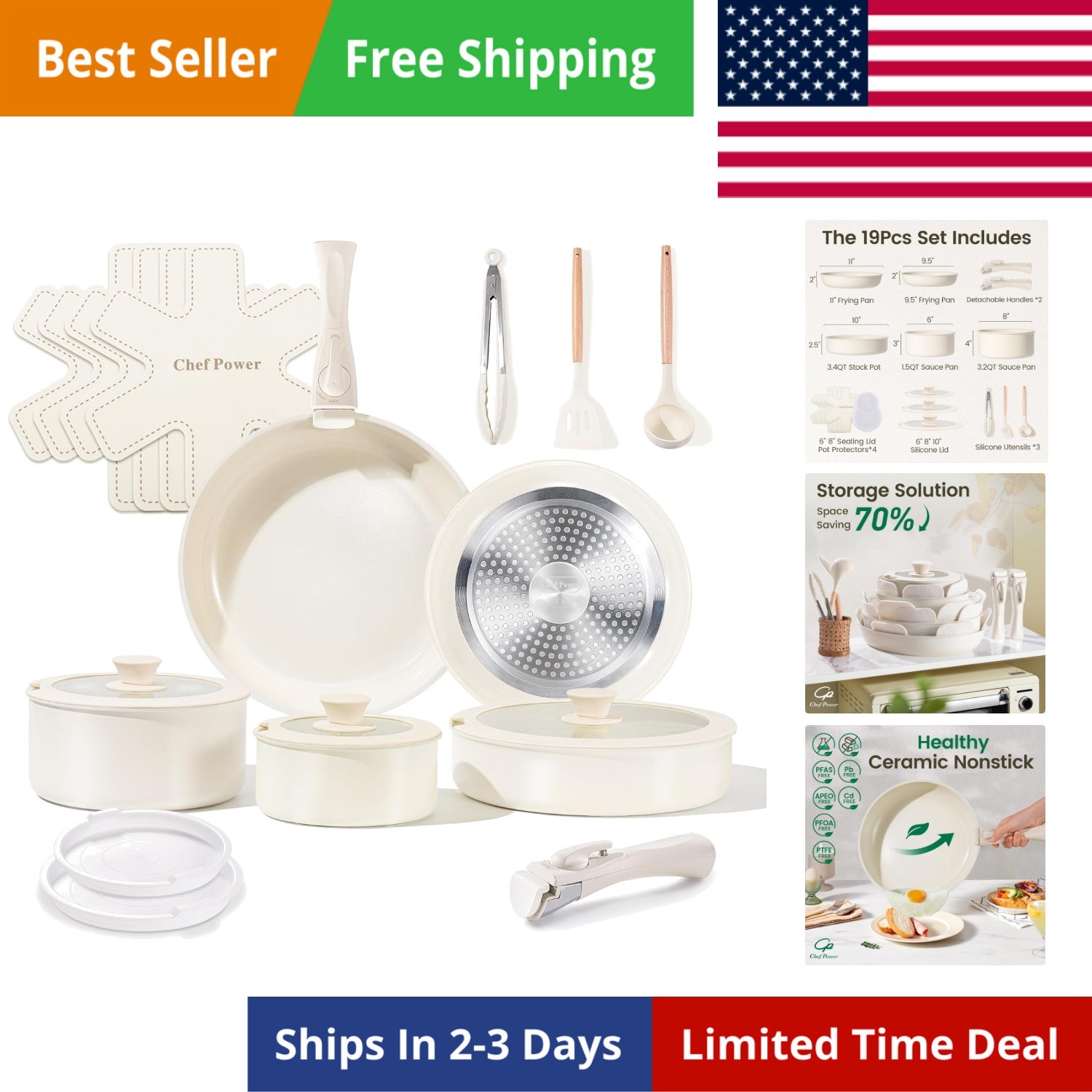 Ceramic Cookware Set Non Toxic with Detachable Handles, Healthy Nonstick Pans…