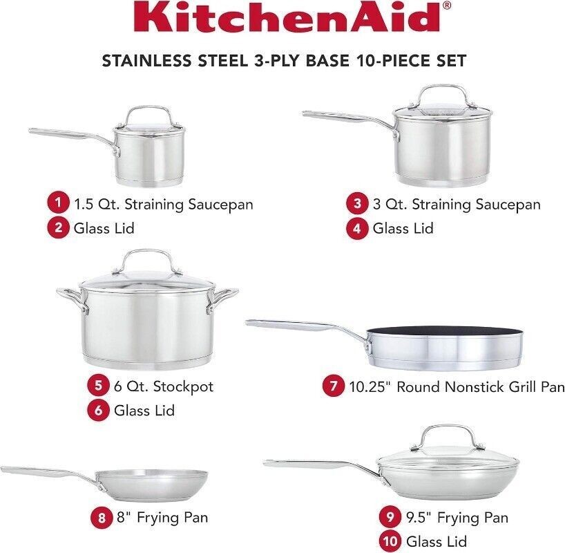 3-Ply Cookware Pots Pans Set W/ Lids Stainless Steel Kitchen Durable 10 Pieces
