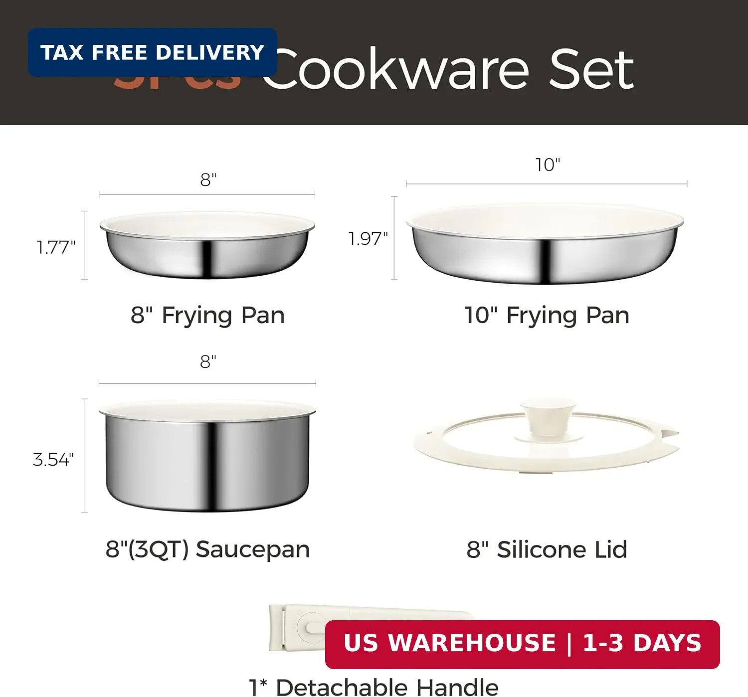 5PCS Pots and Pans Set Non Stick, Diamond-Titanium Ceramic Cookware Set & 3 Laye