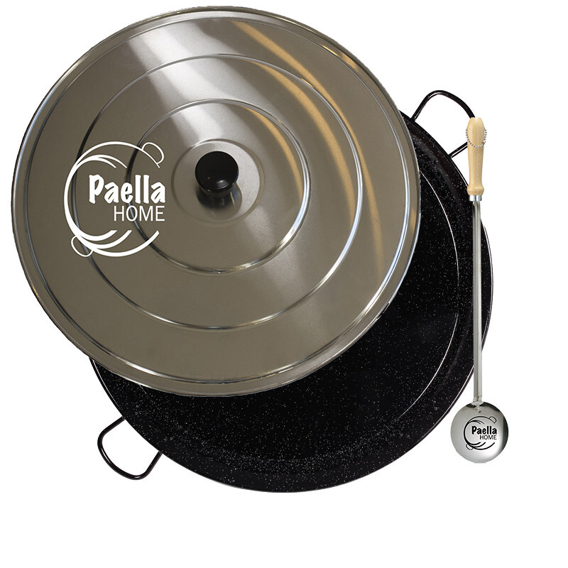 30cm – 80cm Enamelled Paella Pan + Aluminium Lid +Spoon (according to variation)