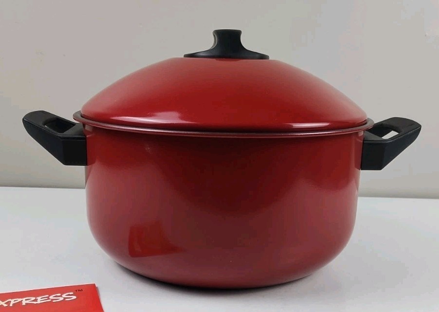 Pasta Express One (1) Red 2 Qt Non-Stick Pasta Pot With Locking Strainer Lid