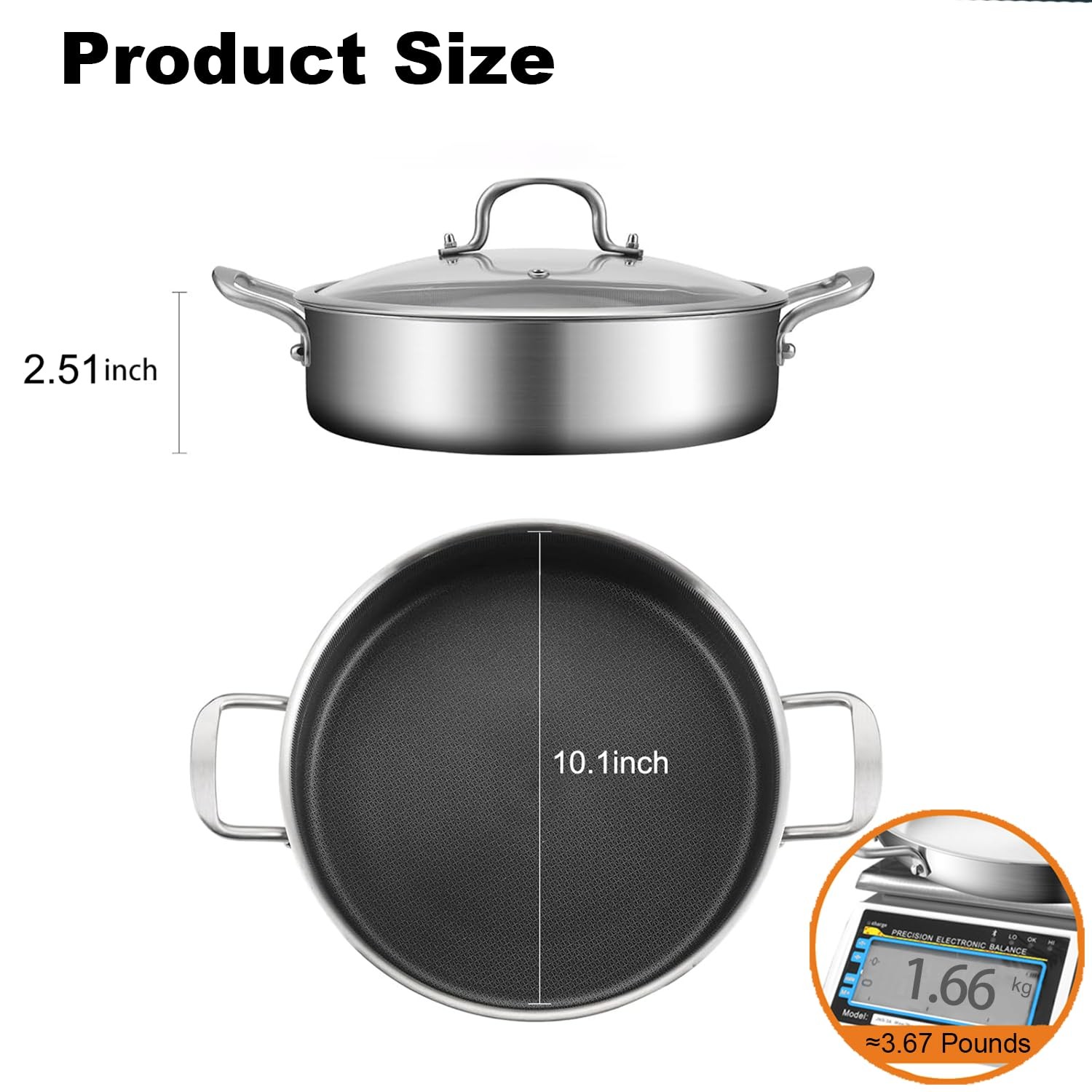 Tri-Ply Stainless Steel 10 Inch Deep Frying Pan 3QT Saute Pan With Lid, Inductio