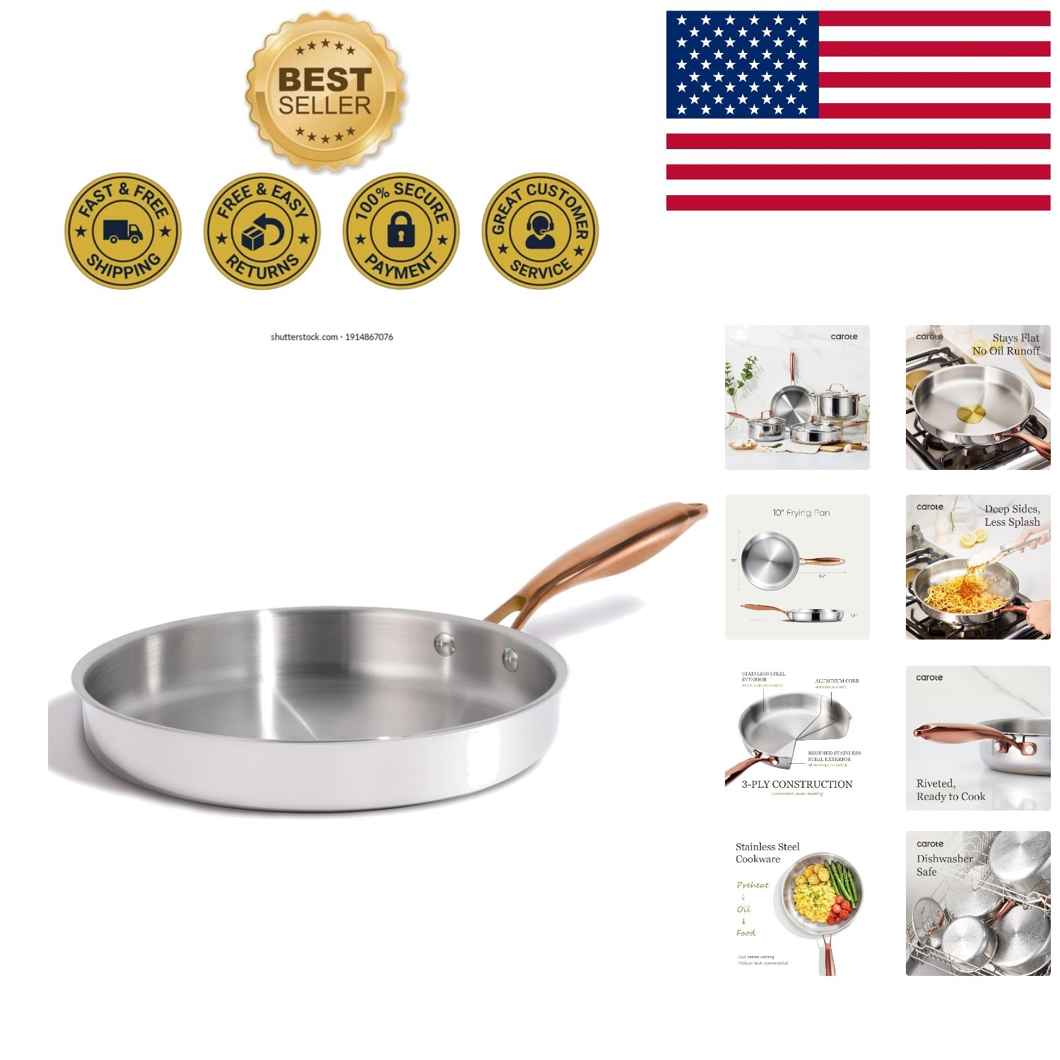 10-Inch Tri-Ply Stainless Steel Frying Pan – Oven Safe & Induction Compatible