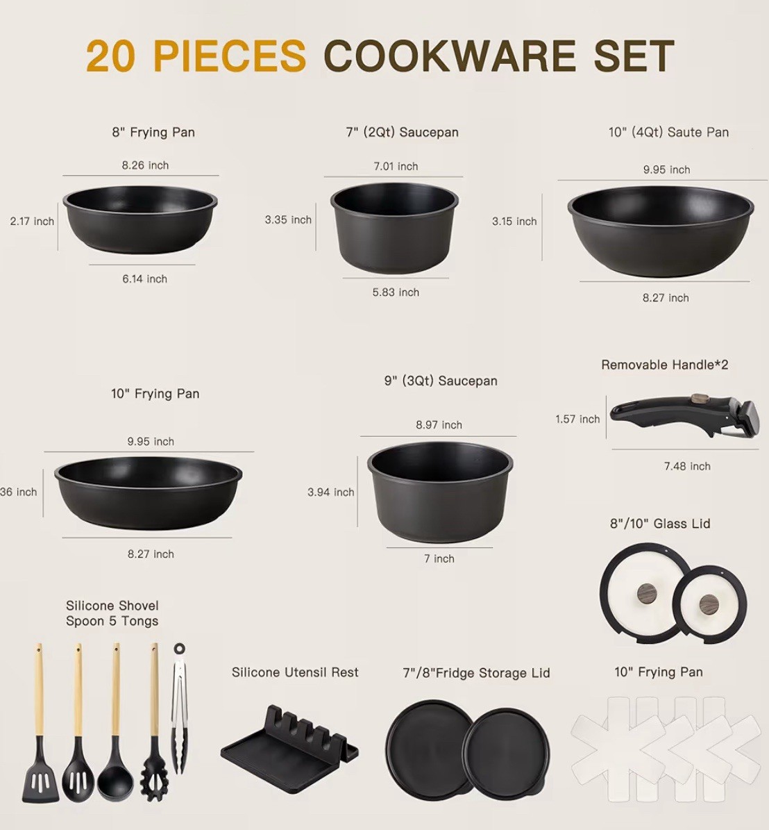 Astercook 20-Piece Pots and Pans Set, Nonstick Cookware Set with Detachable Hand