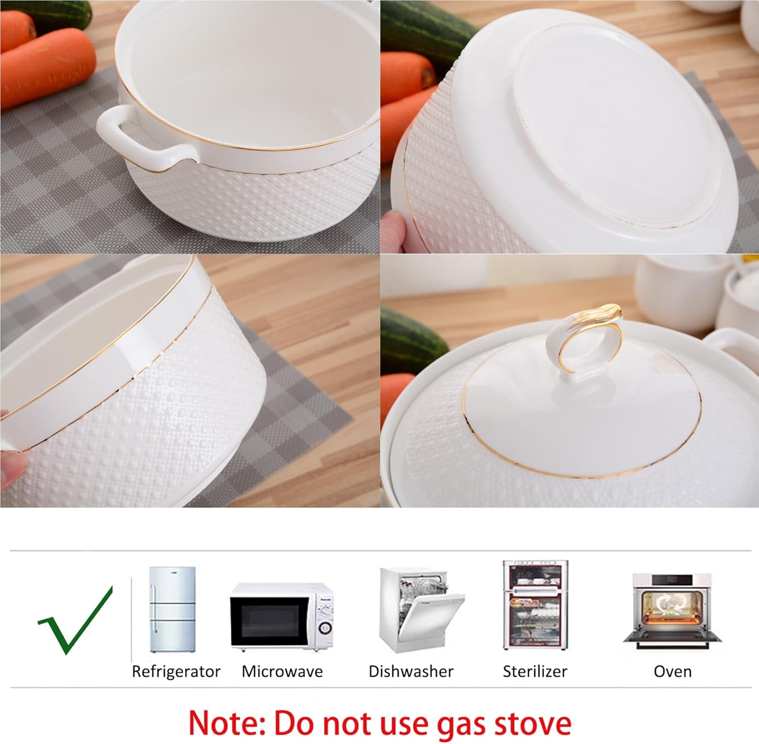 White Soup Tureen with Gold Design,Double Handle Soup Serving Bowl with Lid and