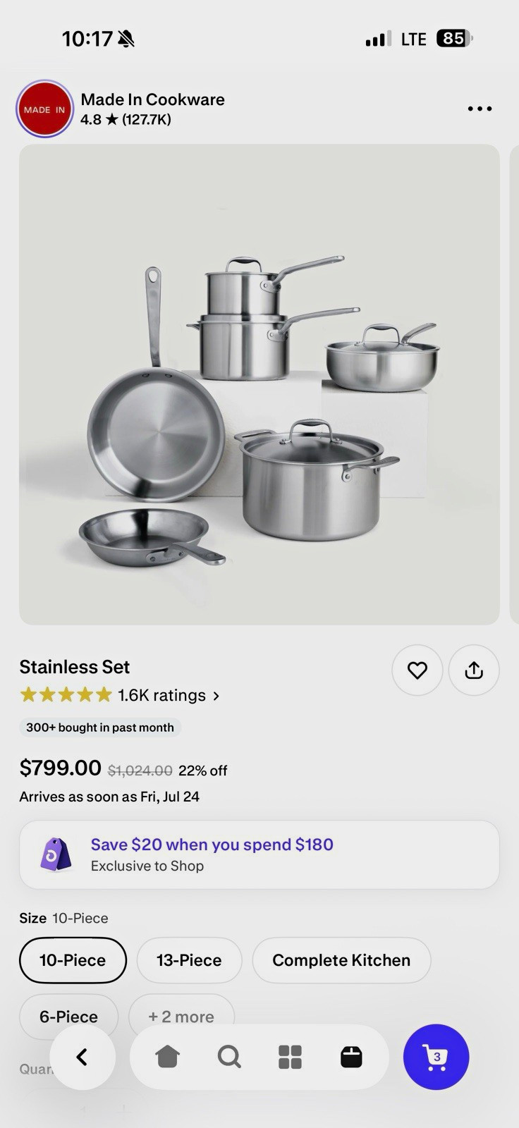 BRAND NEW: Made In 10-Piece Stainless Steel Pan Set Silver w/ Lid Induction