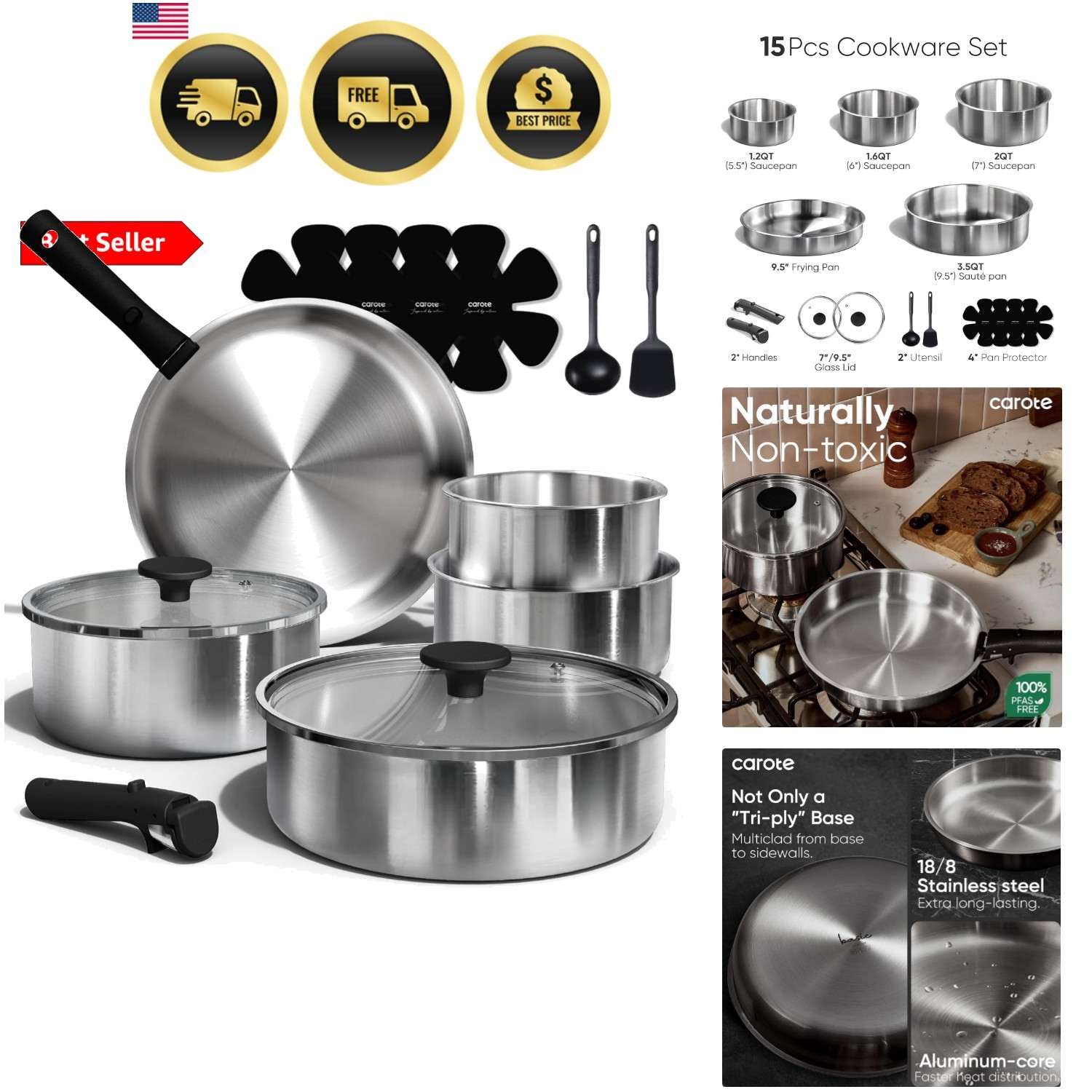 Pots and Pans Set, Stainless Steel Cookware Set Detachable Handle, 15pcs Indu…