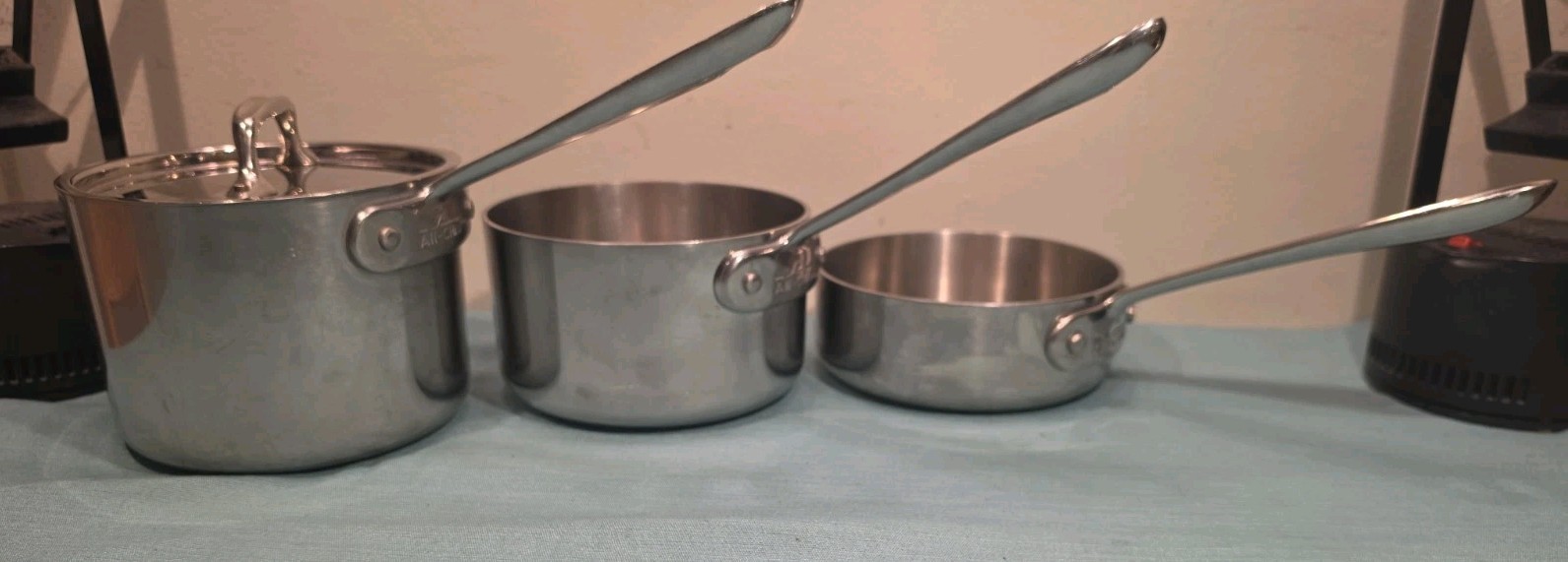 All-Clad Stainless Steel D3 2qt, 1.5qt & 1qt Sauce Pans with 1 Lid