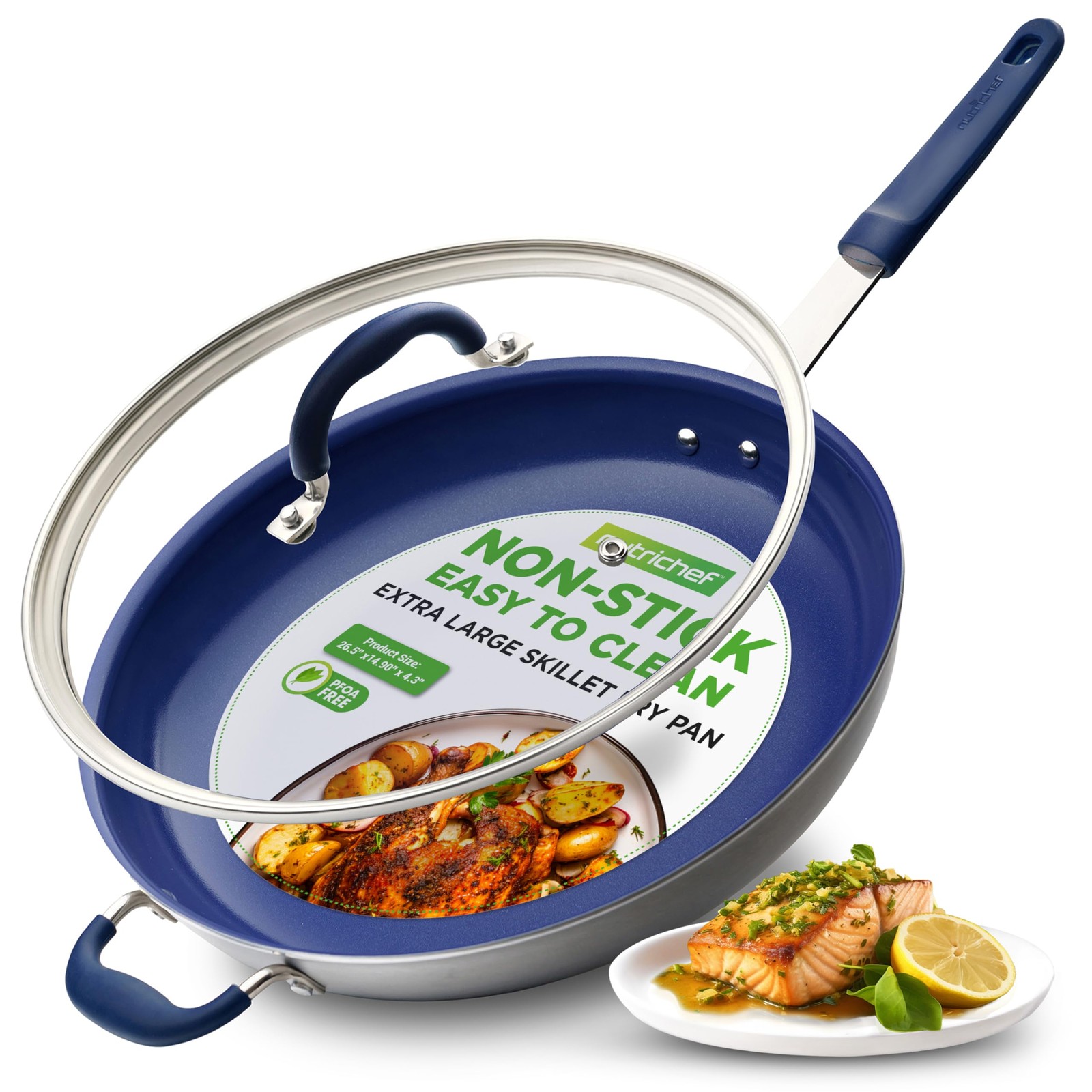 NutriChef 14″ Fry Pan With Lid – Extra 14″, Silver exterior/Blue interior