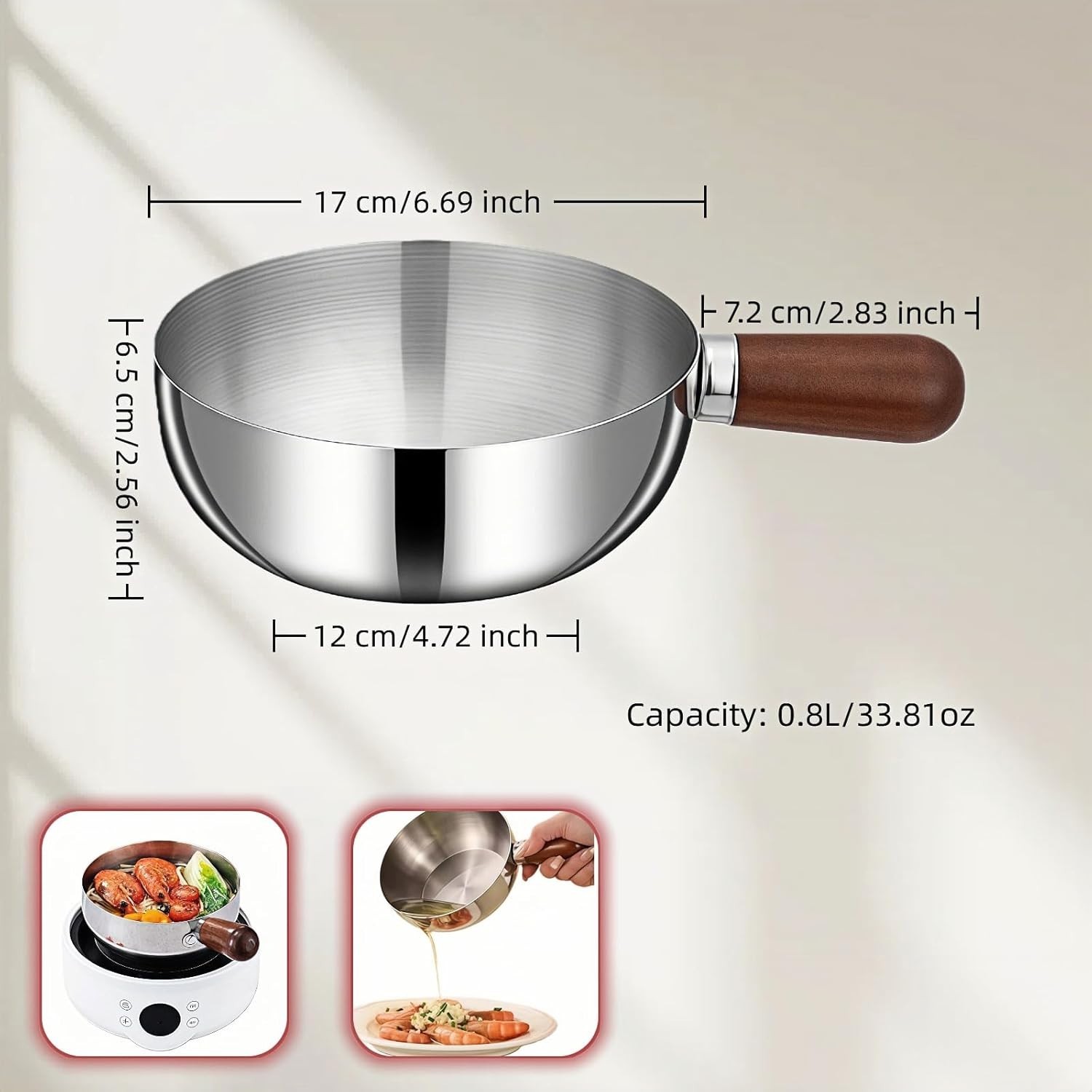 800ml/27oz Wood Handle Saucepan – 316 Stainless Steel, Multi-Use Induction Co…