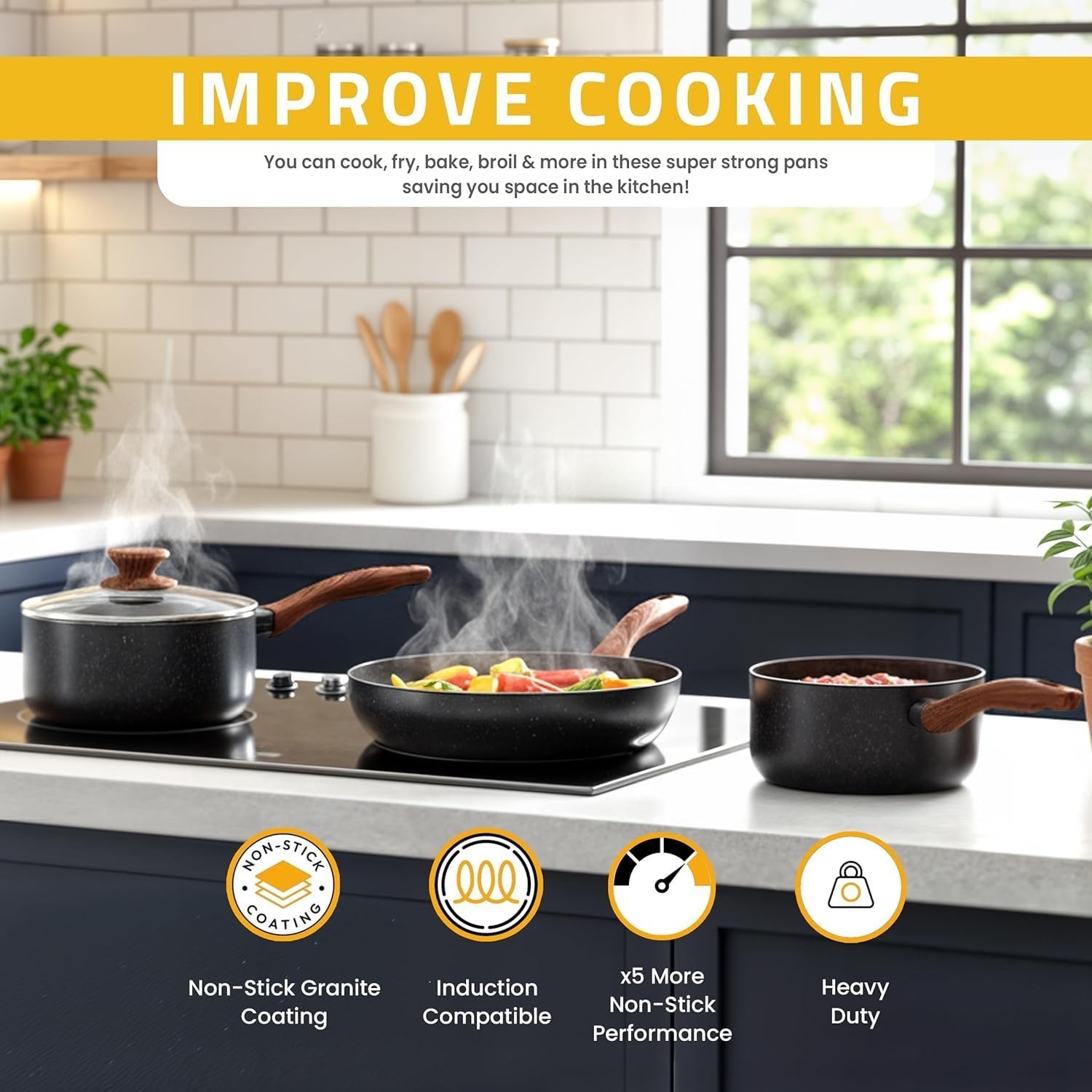 Non-Stick Granite Cookware Set 8 Piece – Induction Frying Pans & Saucepans, PFOA