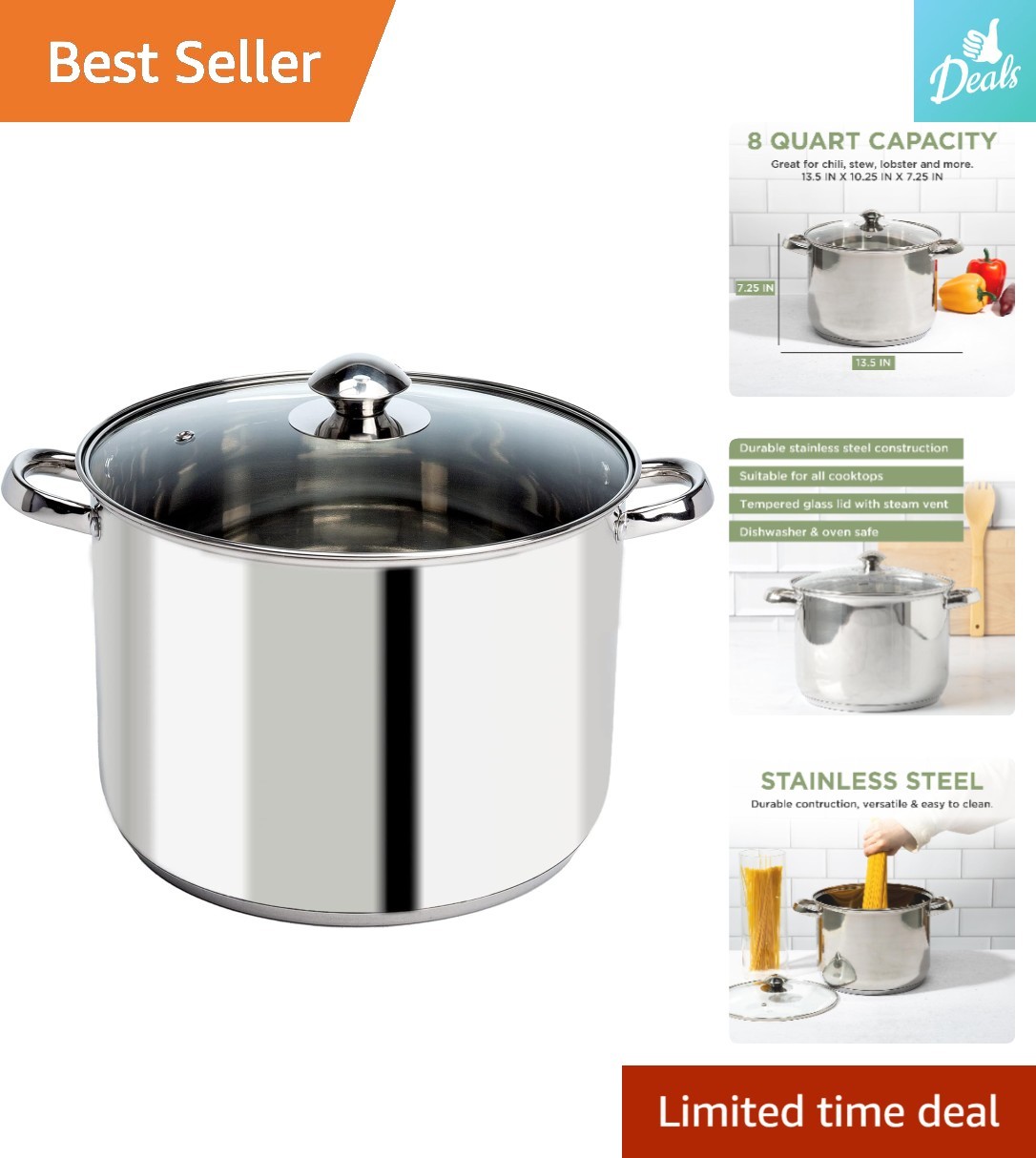 8-Quart Stainless Steel Stock Pot with Glass Lid – Oven & Induction Safe