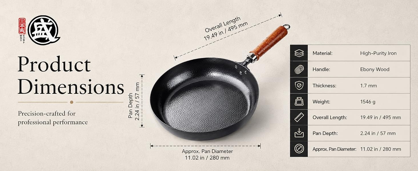 11-Inch Japanese Iron Skillet, Flat Bottom | No synthetic coating, hammered iron