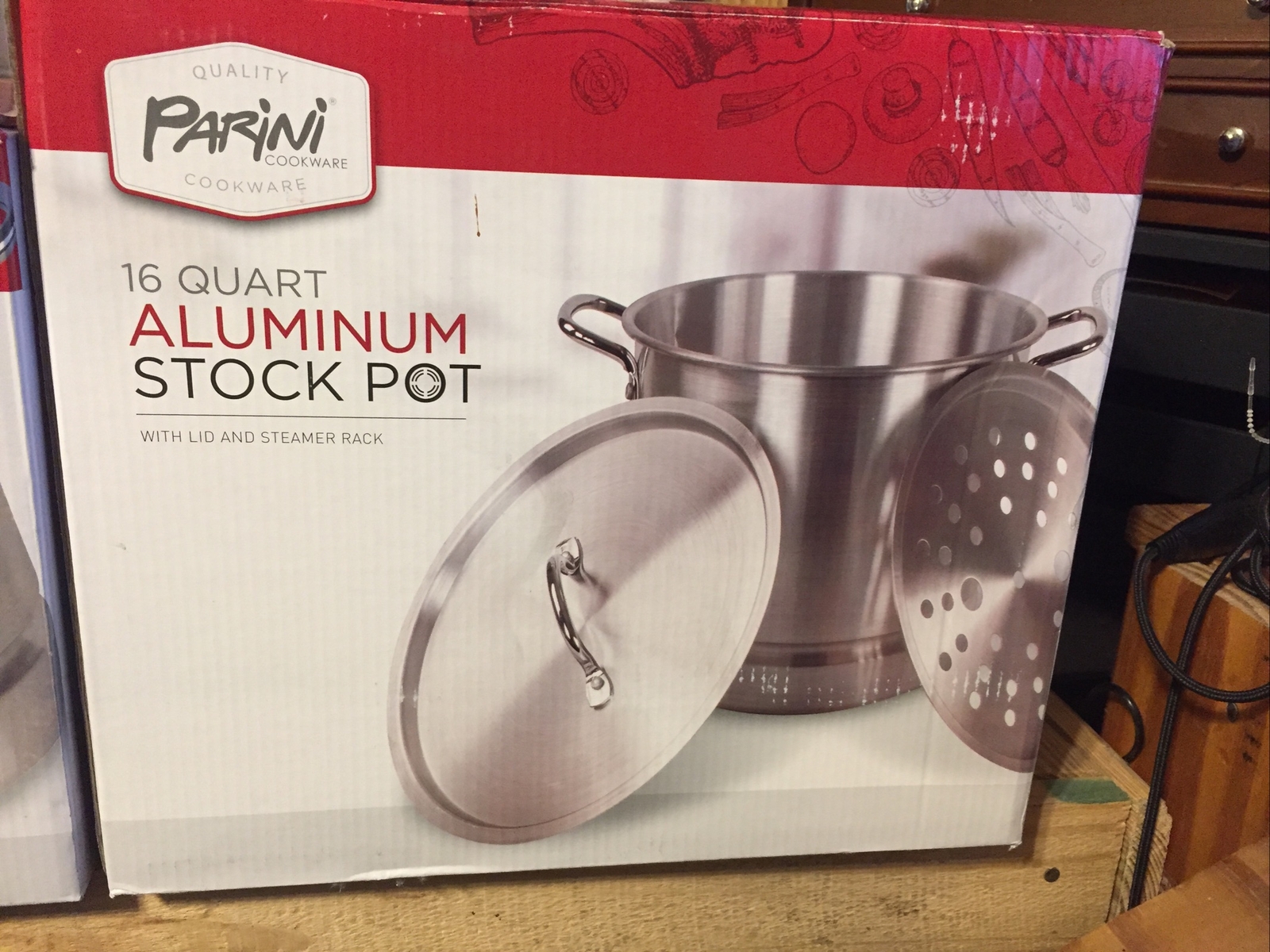 Parini Cookware – 16 + 12 Quart Aluminum Stock Pot with Lid and Steamer Rack Lot
