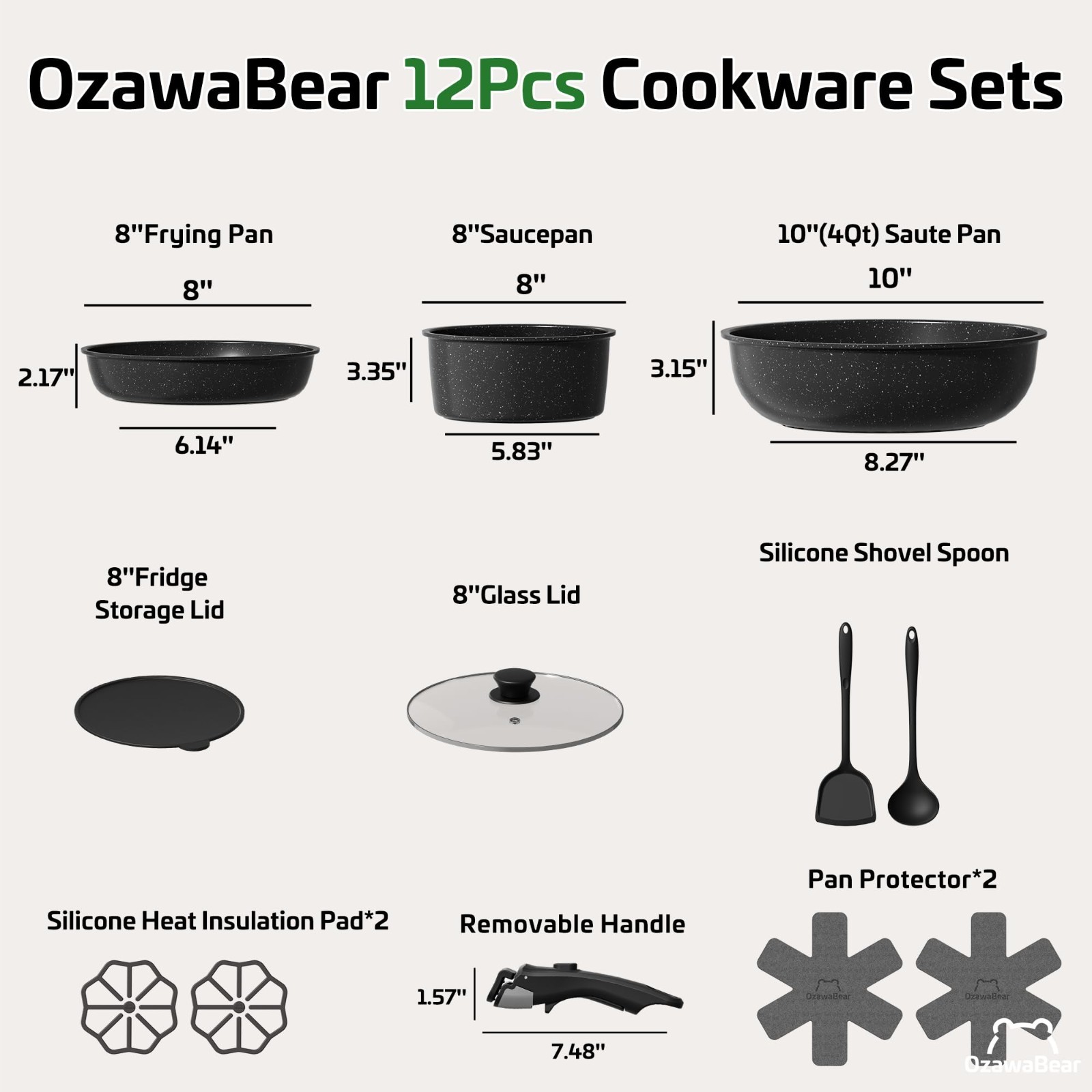 12 Pcs Non-Stick Ceramic Cookware Set, Healthy Induction Pots & Pans, Oven Safe,