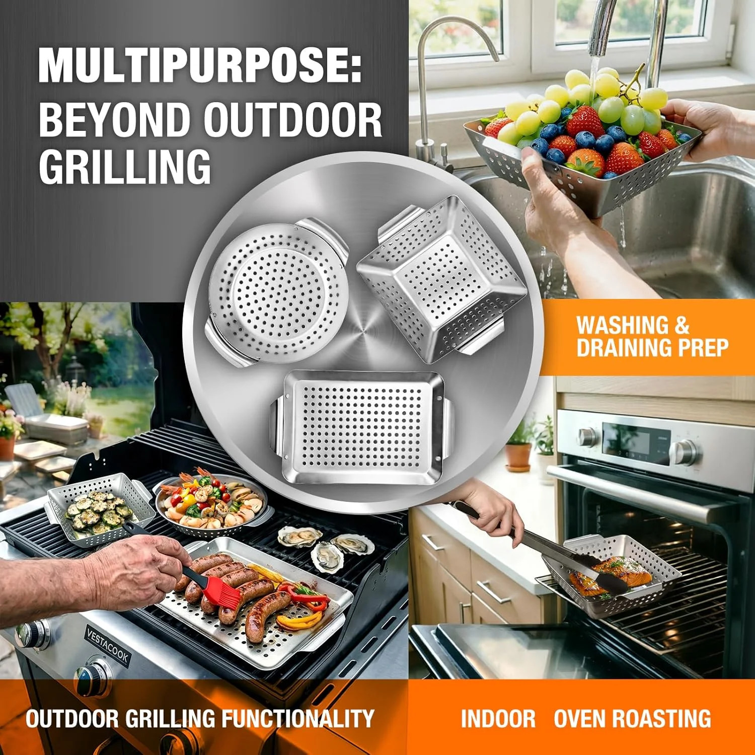 3 Piece Stainless Steel Grill Basket Set with Basting Brush, Heavy Duty Small Ve